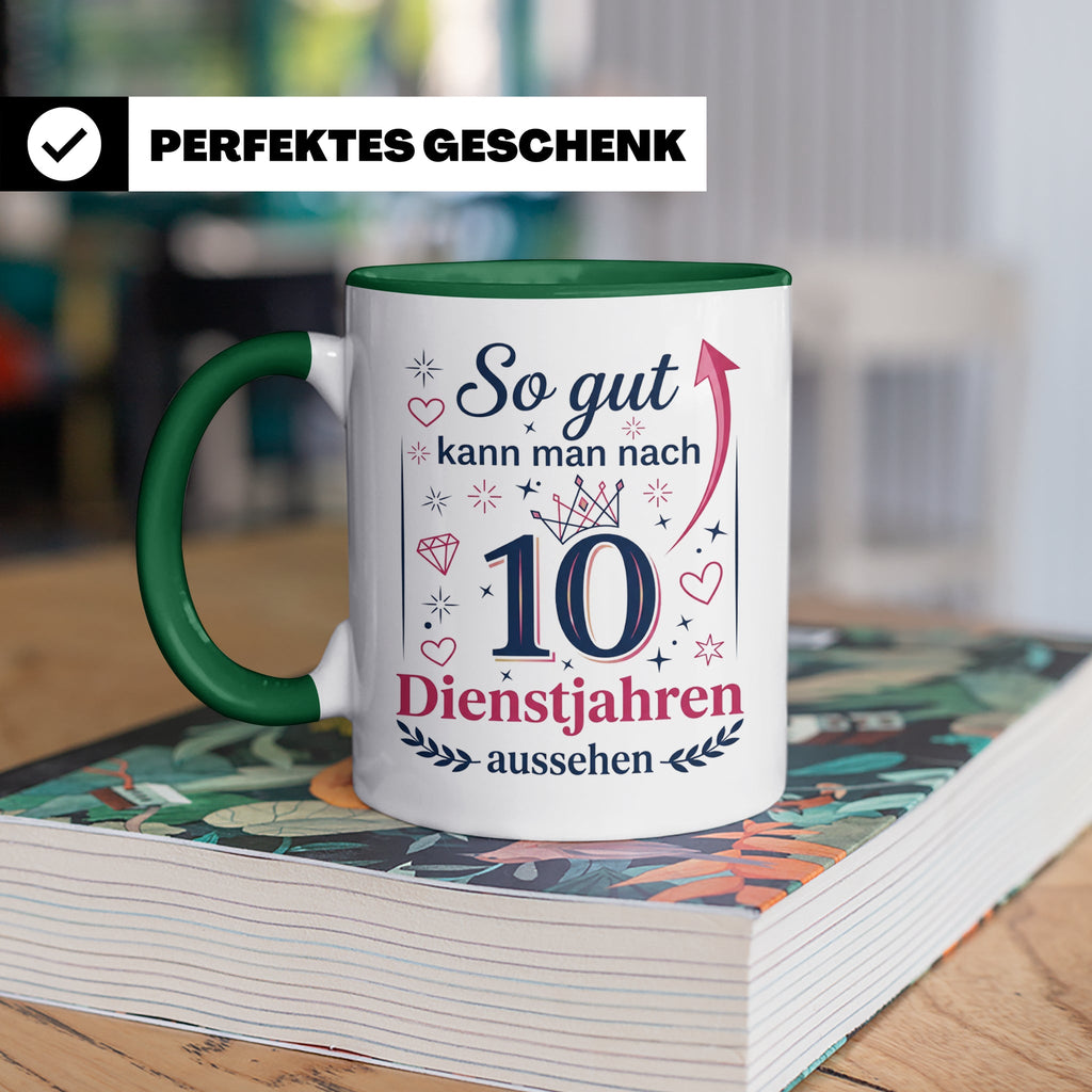 10 Jahre Dienstjubiläum Tasse für Kollegin, Geschenk zum 10  – Grün [farbe:grün]