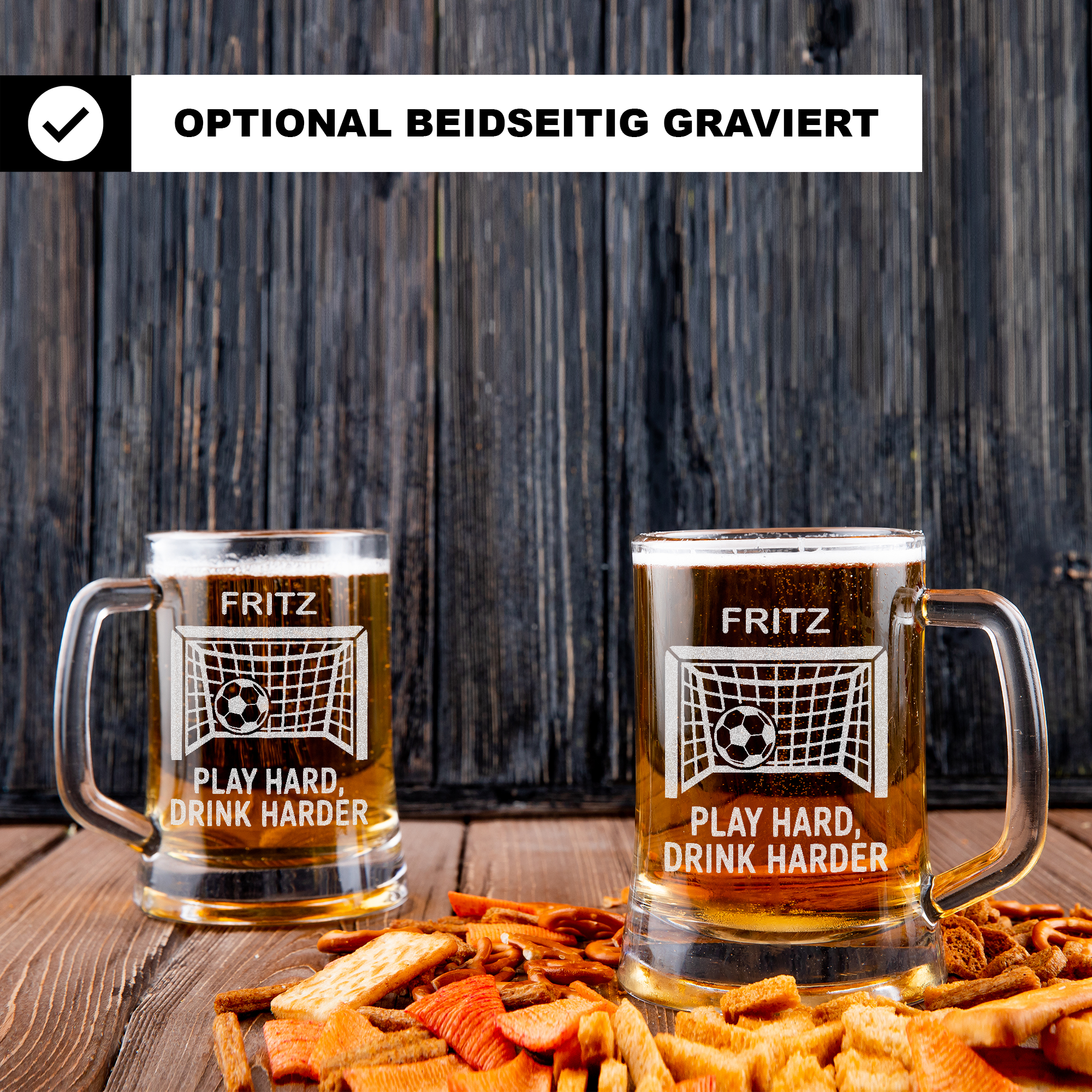 Personalisierter Bierkrug Fußball Motiv mit Name Play Hard Drink Harder Geschenk für Fußballer