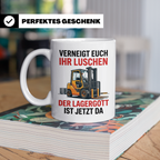 Gabelstaplerfahrer Tasse Lagergott Spruch Verneigt euch ihr  – Weiß [farbe:weiß]
