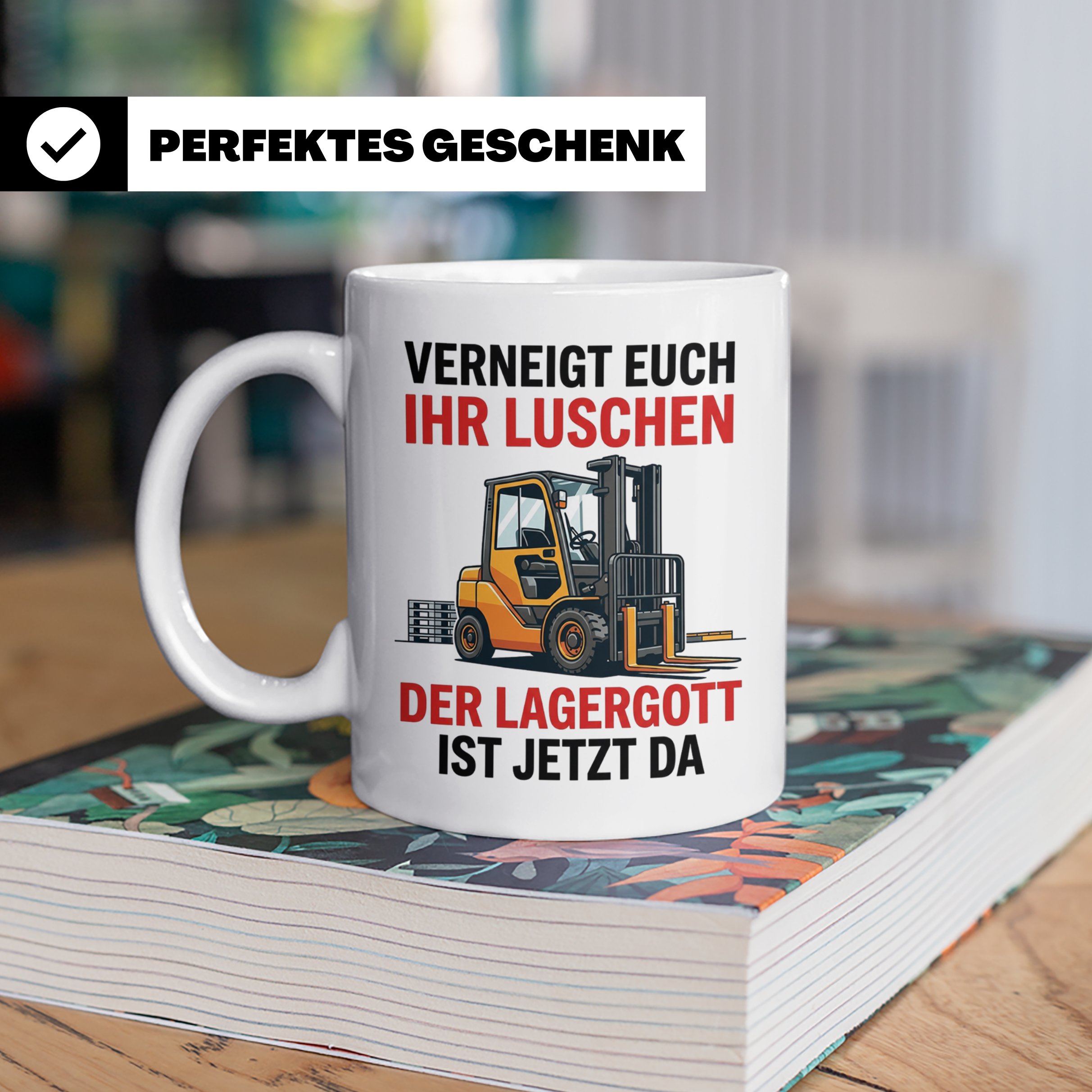 Gabelstaplerfahrer Tasse Lagergott Spruch Verneigt euch ihr  – Weiß [farbe:weiß]