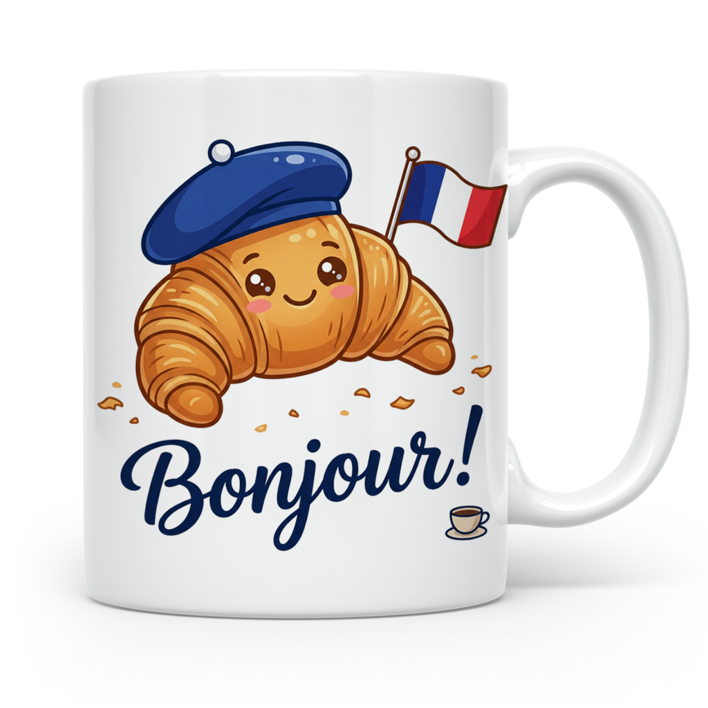 Croissant Tasse mit Bonjour Spruch, Kawaii Frankreich Design – Weiß [farbe:weiß]