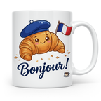 Croissant Tasse mit Bonjour Spruch, Kawaii Frankreich Design – Weiß [farbe:weiß]