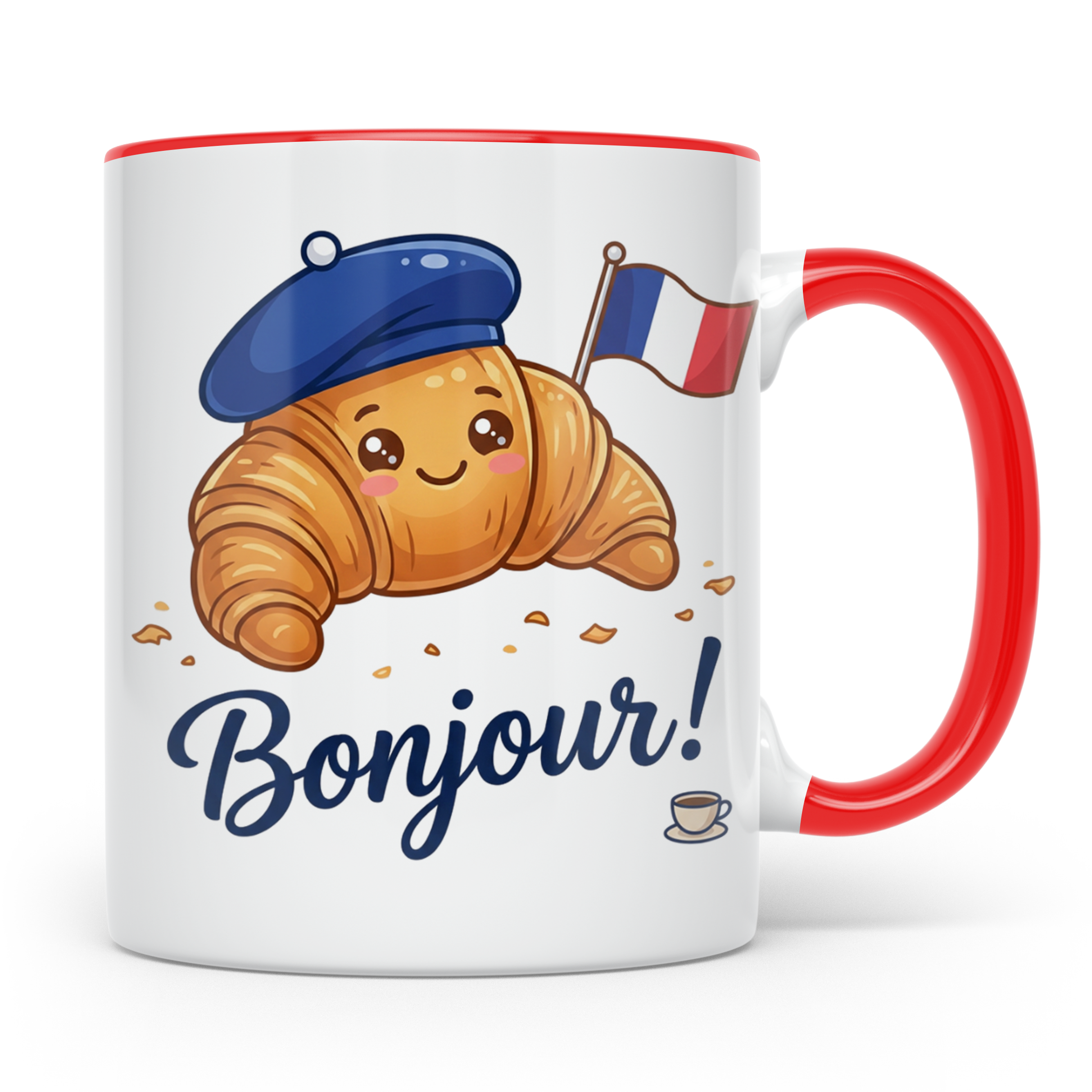Croissant Tasse mit Bonjour Spruch, Kawaii Frankreich Design – Rot [farbe:rot]