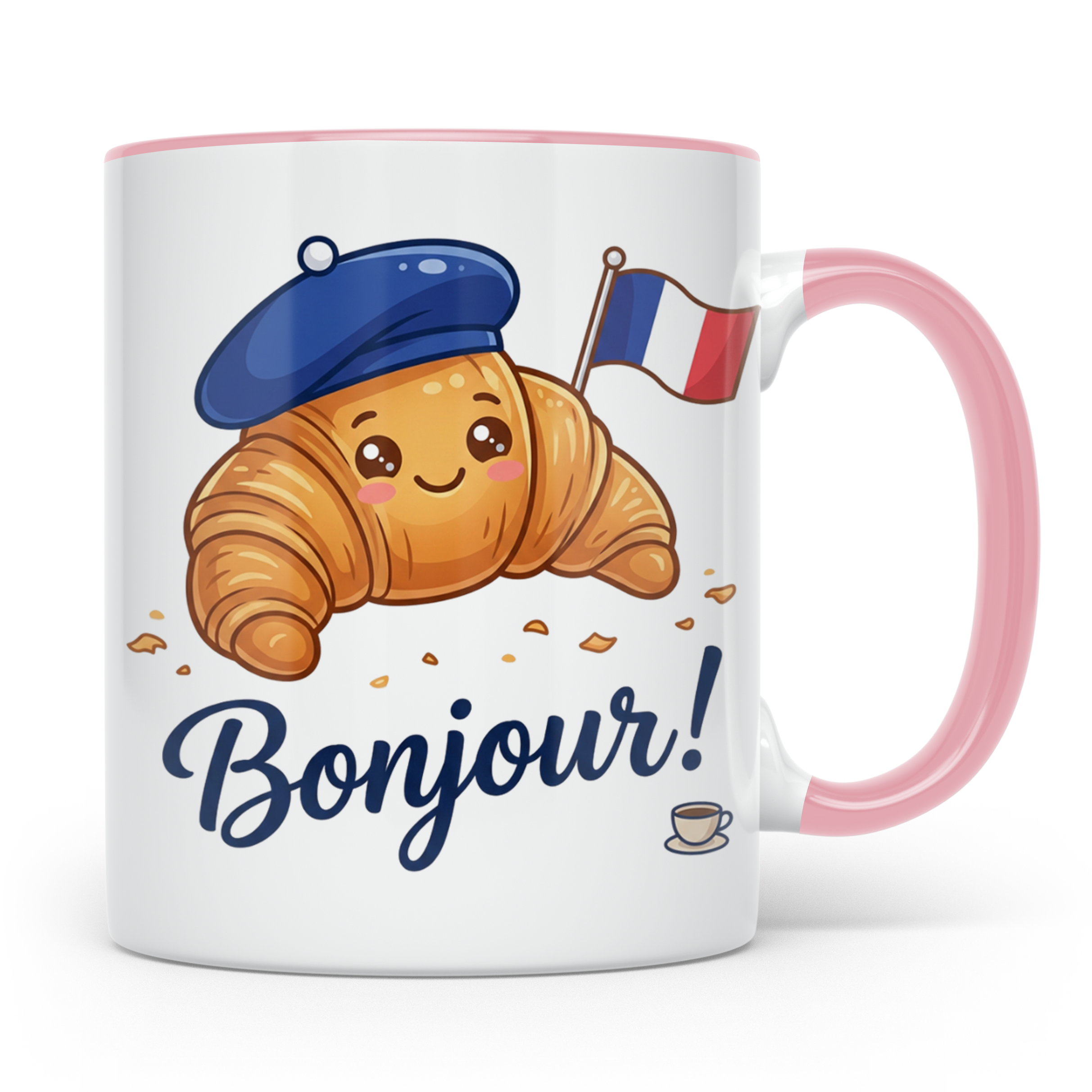 Croissant Tasse mit Bonjour Spruch, Kawaii Frankreich Design – Rosa [farbe:rosa]