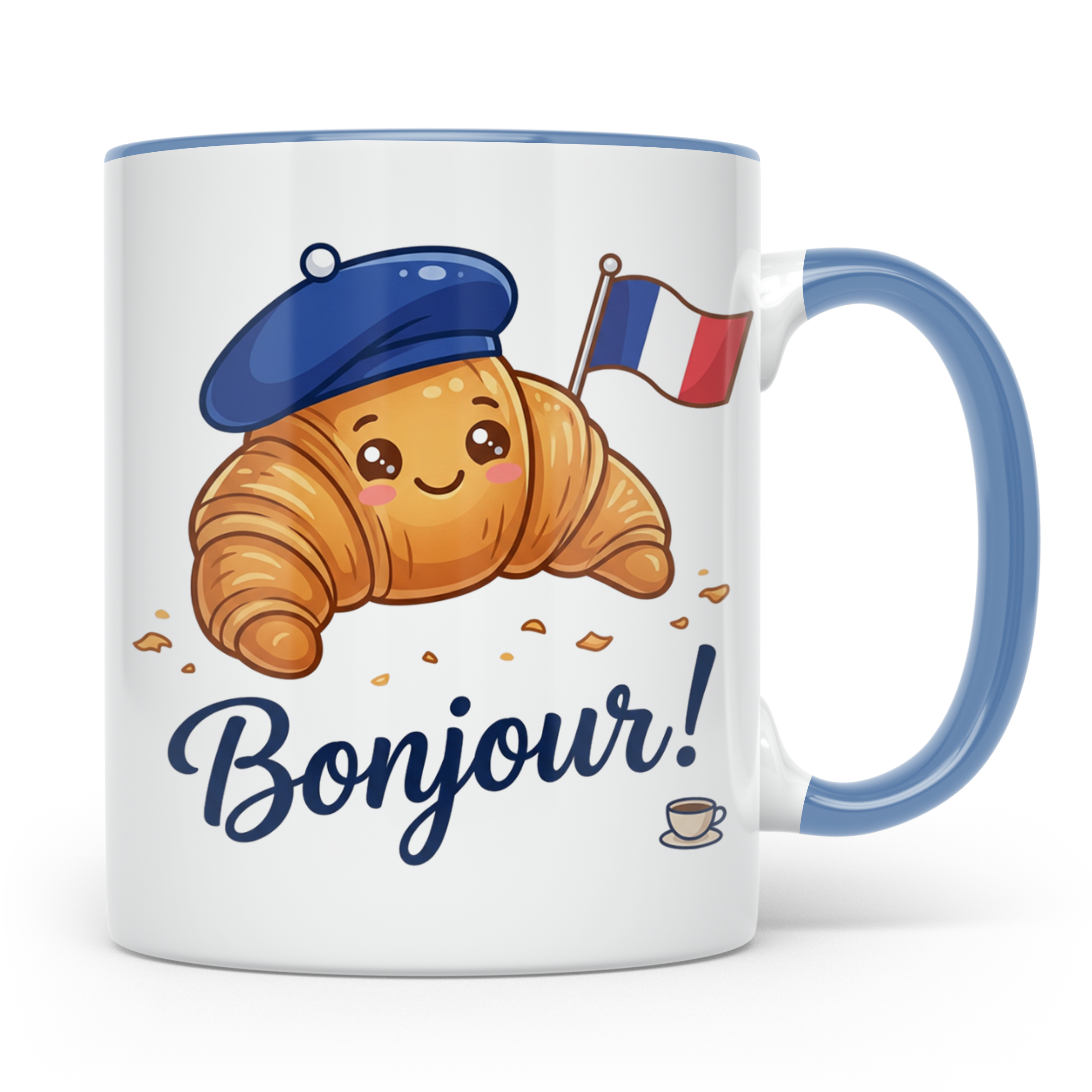Croissant Tasse mit Bonjour Spruch, Kawaii Frankreich Design – Blau [farbe:blau]