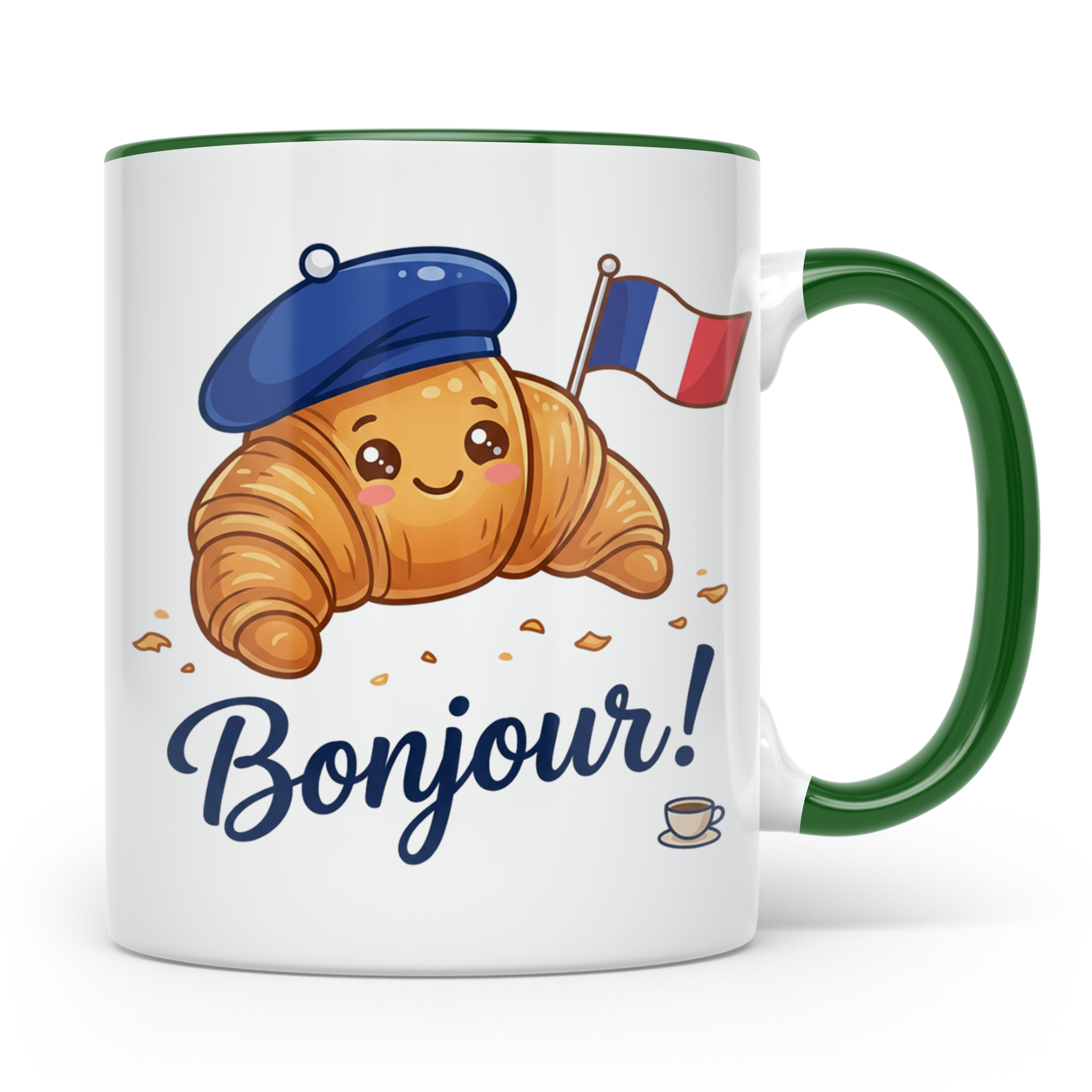 Croissant Tasse mit Bonjour Spruch, Kawaii Frankreich Design – Grün [farbe:grün]