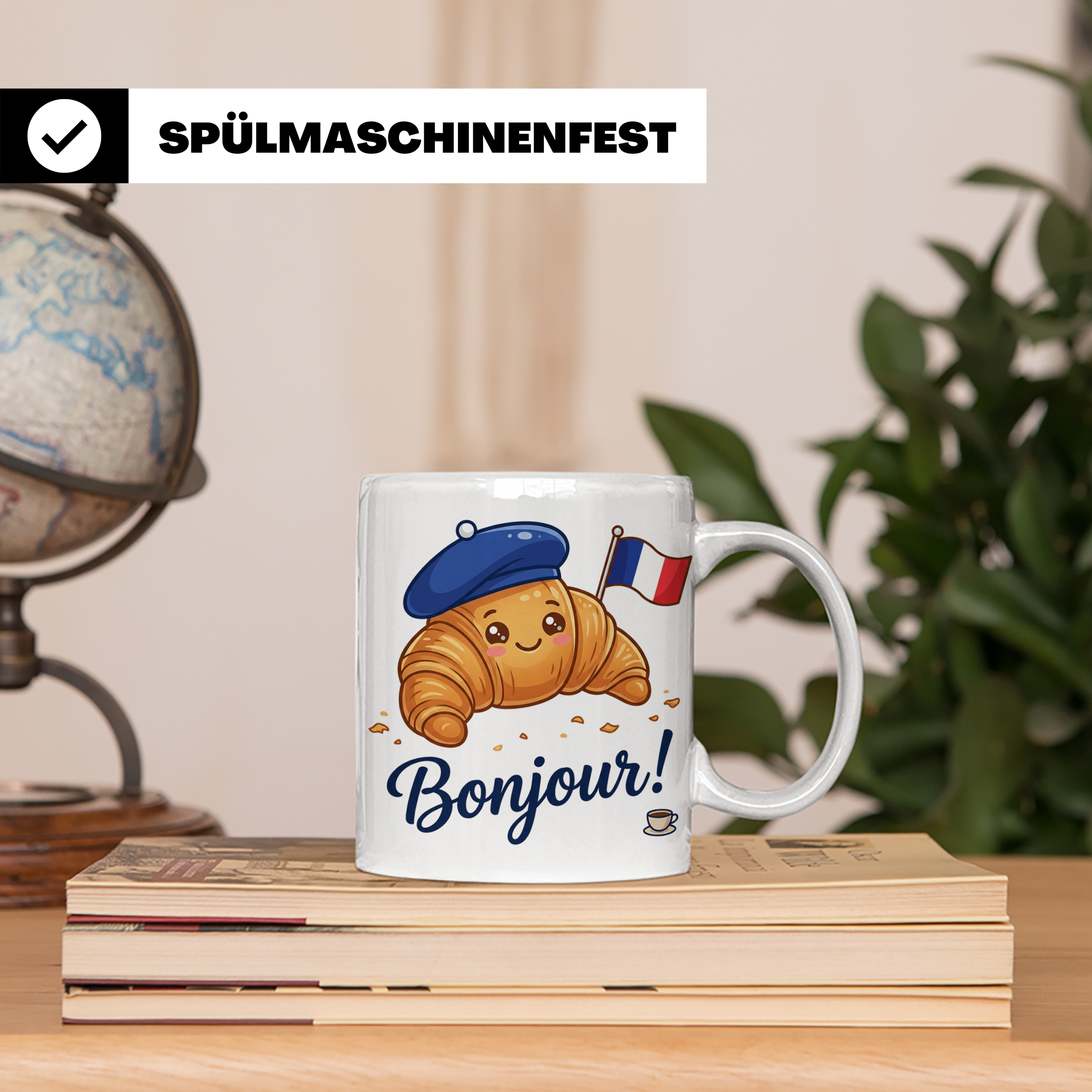 Croissant Tasse mit Bonjour Spruch, Kawaii Frankreich Design – Weiß [farbe:weiß]