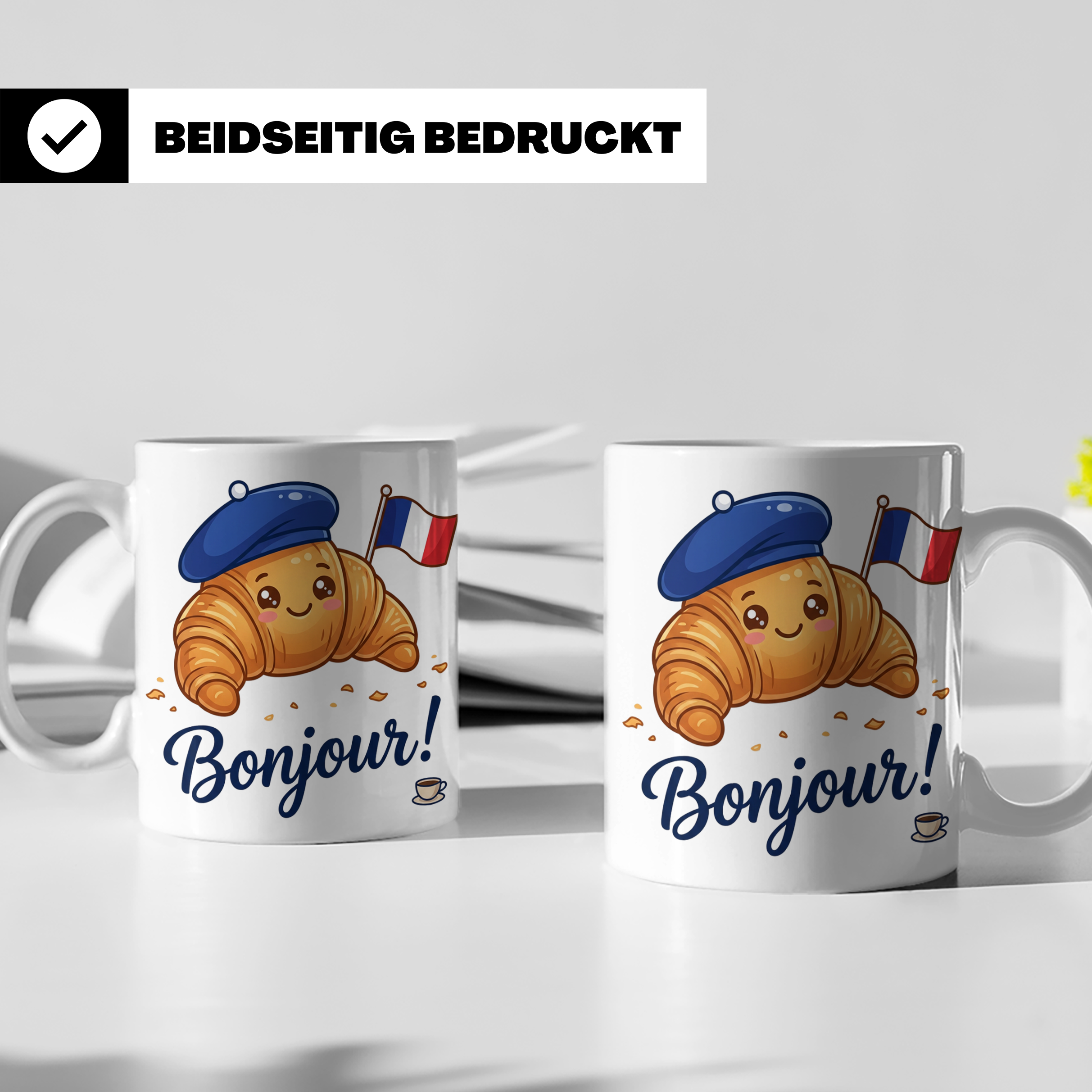 Croissant Tasse mit Bonjour Spruch, Kawaii Frankreich Design – Weiß [farbe:weiß]