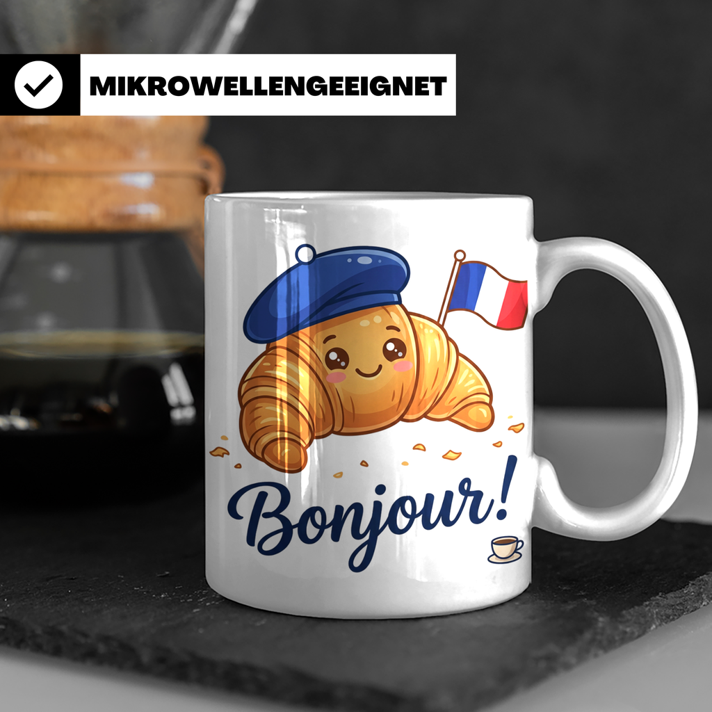 Croissant Tasse mit Bonjour Spruch, Kawaii Frankreich Design – Weiß [farbe:weiß]