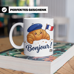 Croissant Tasse mit Bonjour Spruch, Kawaii Frankreich Design – Weiß [farbe:weiß]