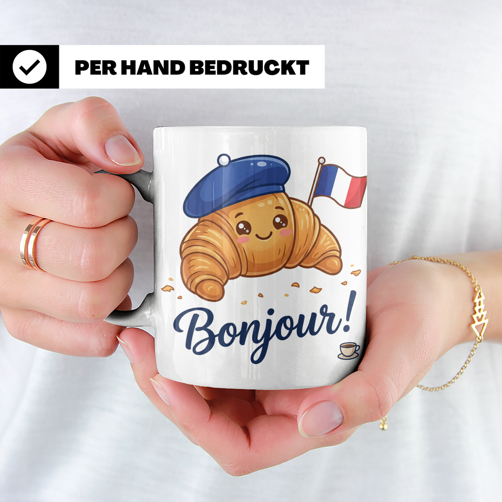 Croissant Tasse mit Bonjour Spruch, Kawaii Frankreich Design – Weiß [farbe:weiß]