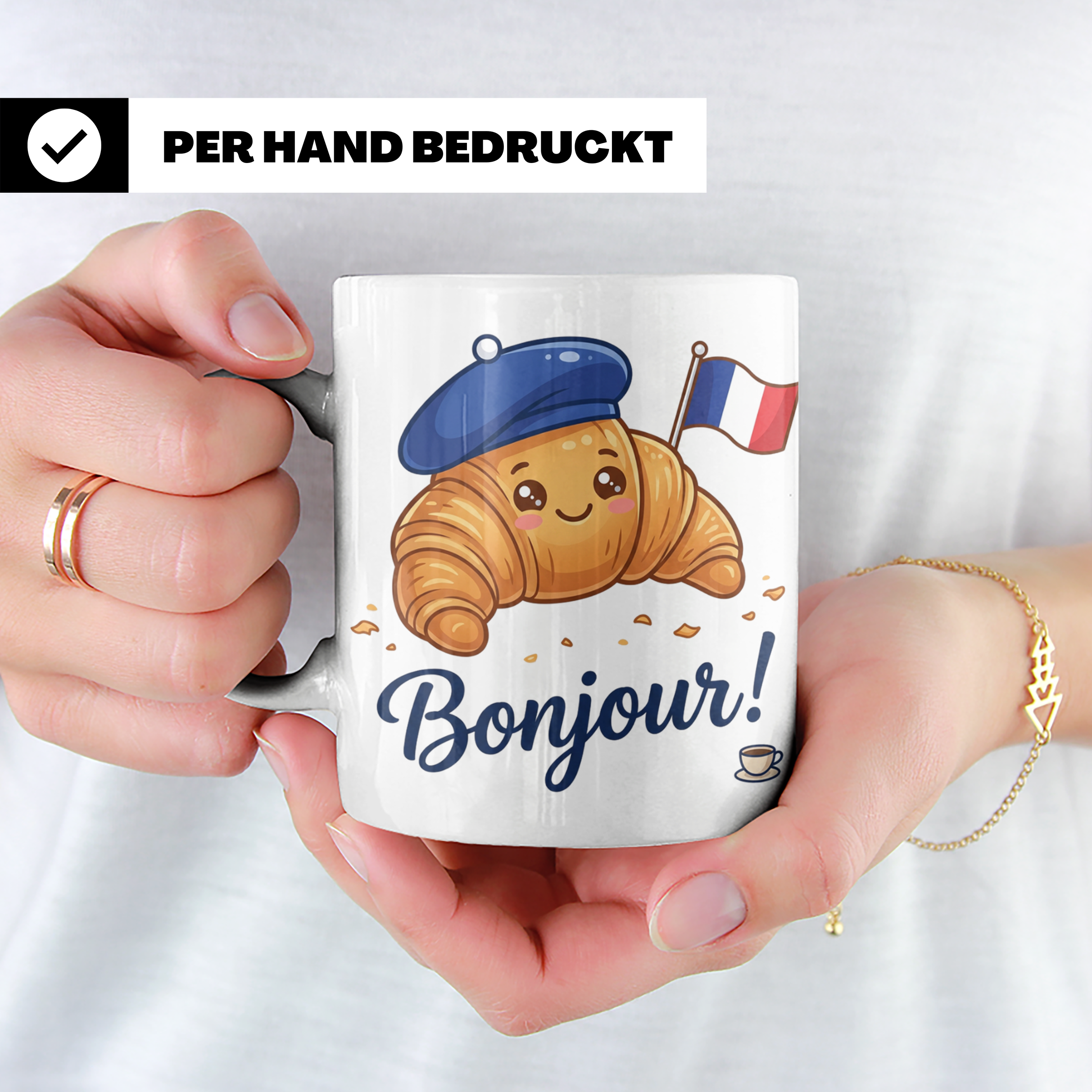 Croissant Tasse mit Bonjour Spruch, Kawaii Frankreich Design – Weiß [farbe:weiß]