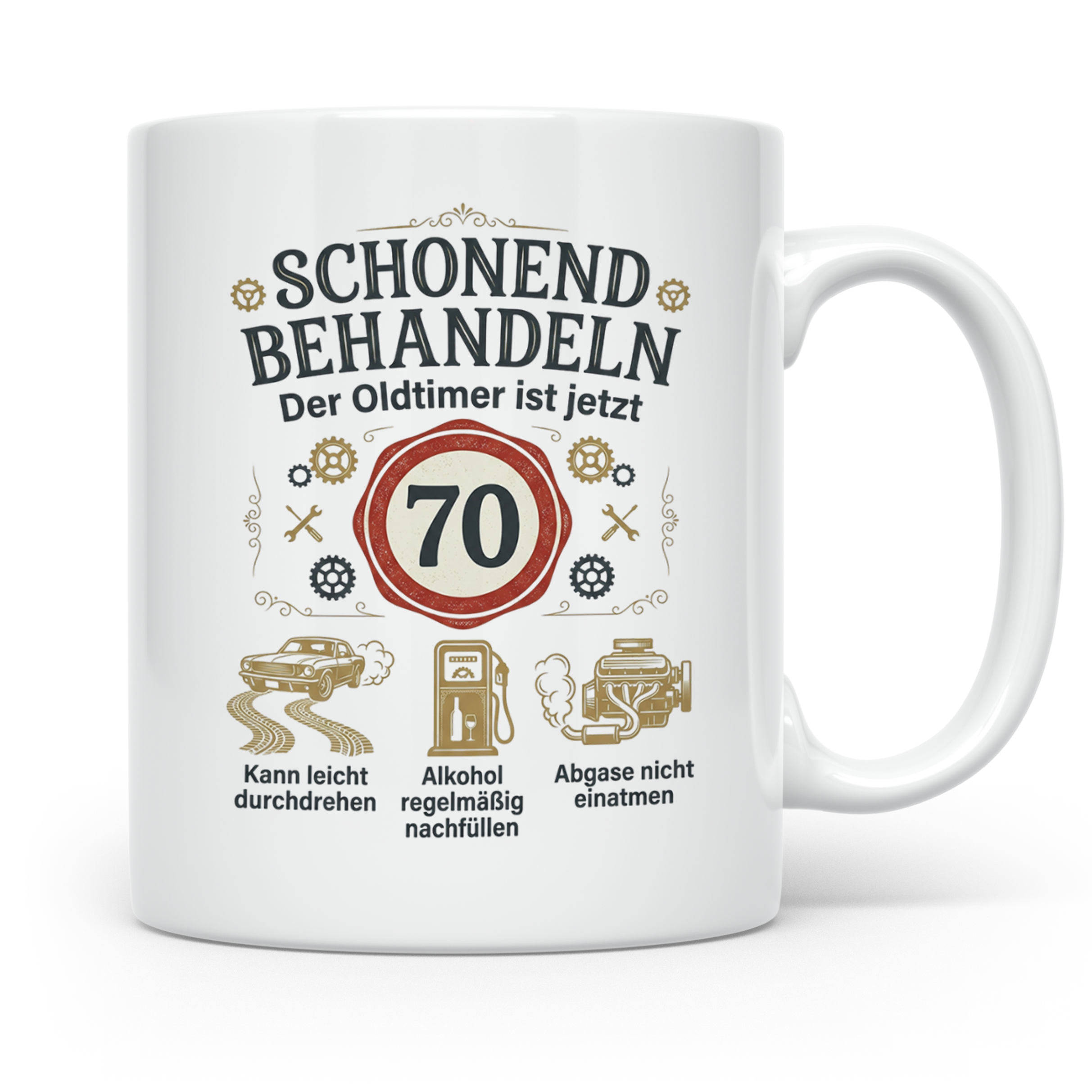 Tasse 70. Geburtstag Mann Oldtimer Motiv Schonend behandeln  – Weiß [farbe:weiß]