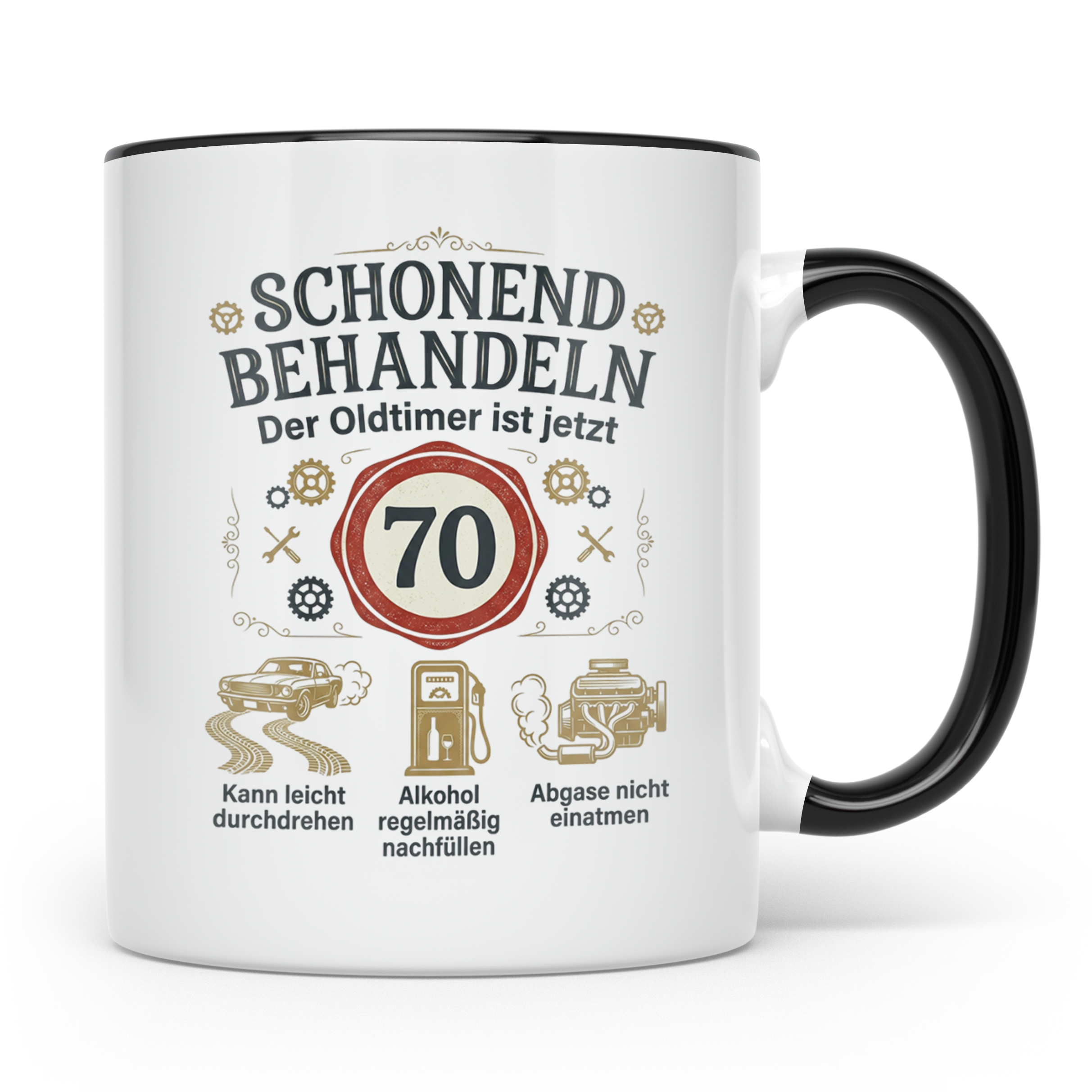 Tasse 70. Geburtstag Mann Oldtimer Motiv Schonend behandeln  – Schwarz [farbe:schwarz]