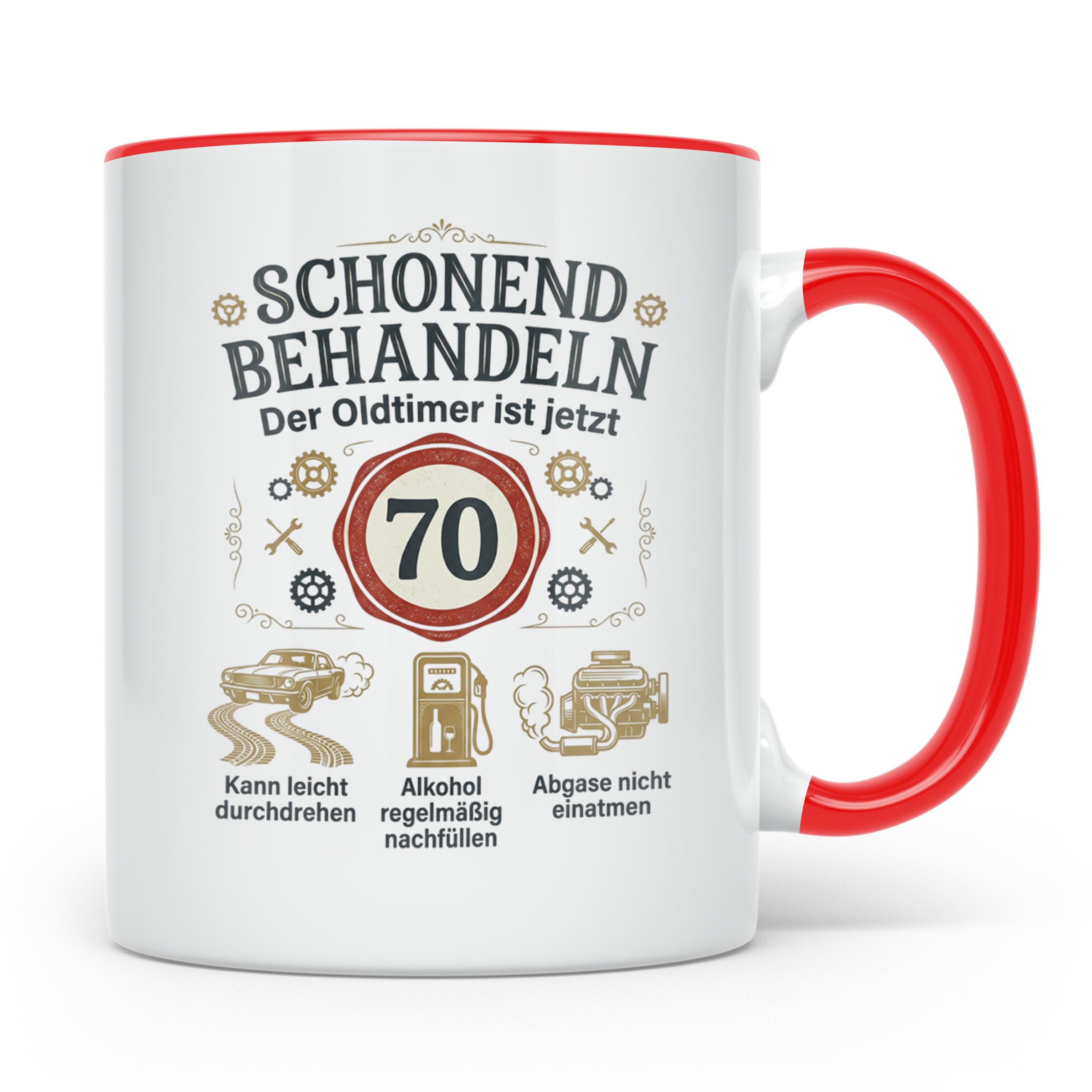 Tasse 70. Geburtstag Mann Oldtimer Motiv Schonend behandeln  – Rot [farbe:rot]