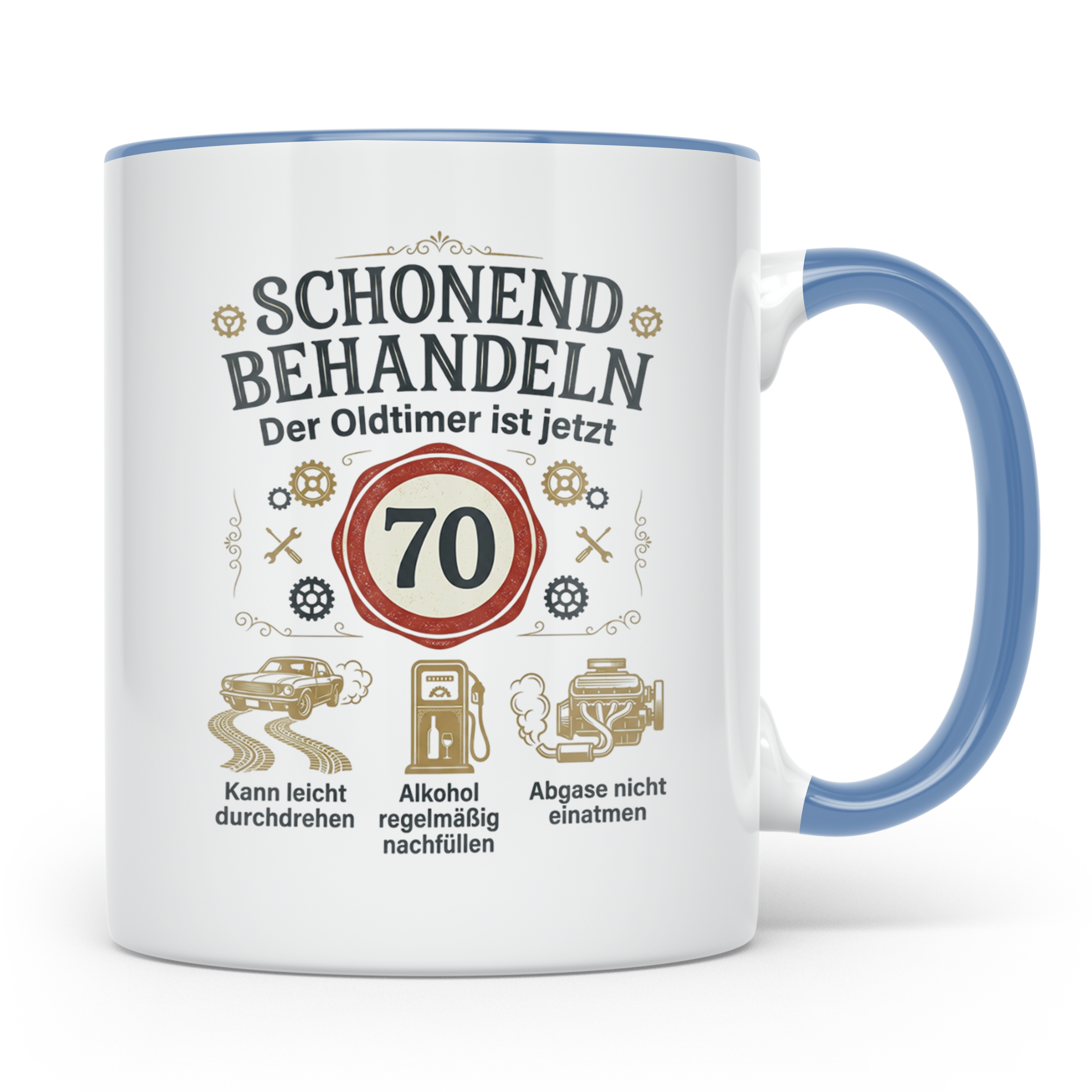 Tasse 70. Geburtstag Mann Oldtimer Motiv Schonend behandeln  – Blau [farbe:blau]