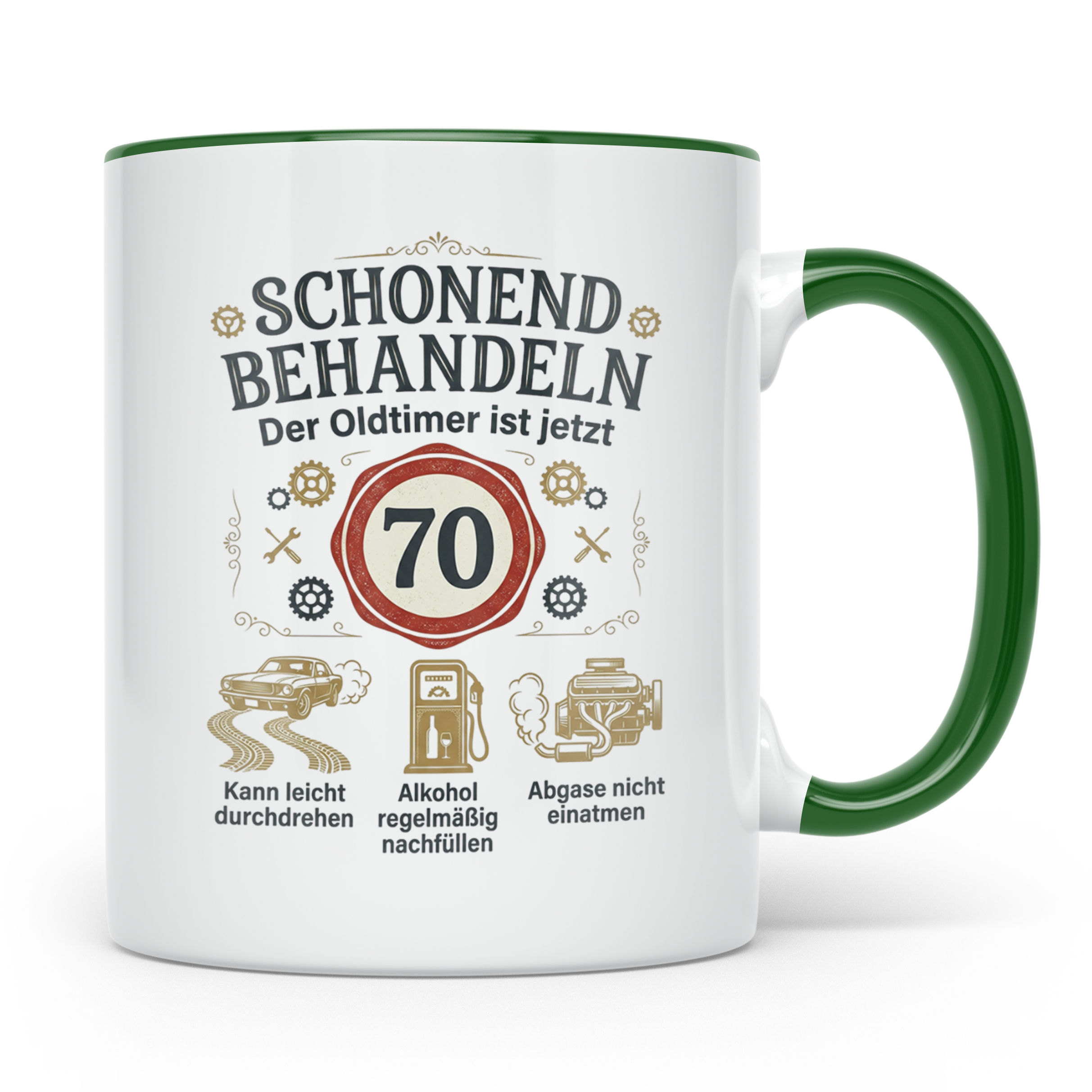 Tasse 70. Geburtstag Mann Oldtimer Motiv Schonend behandeln  – Grün [farbe:grün]