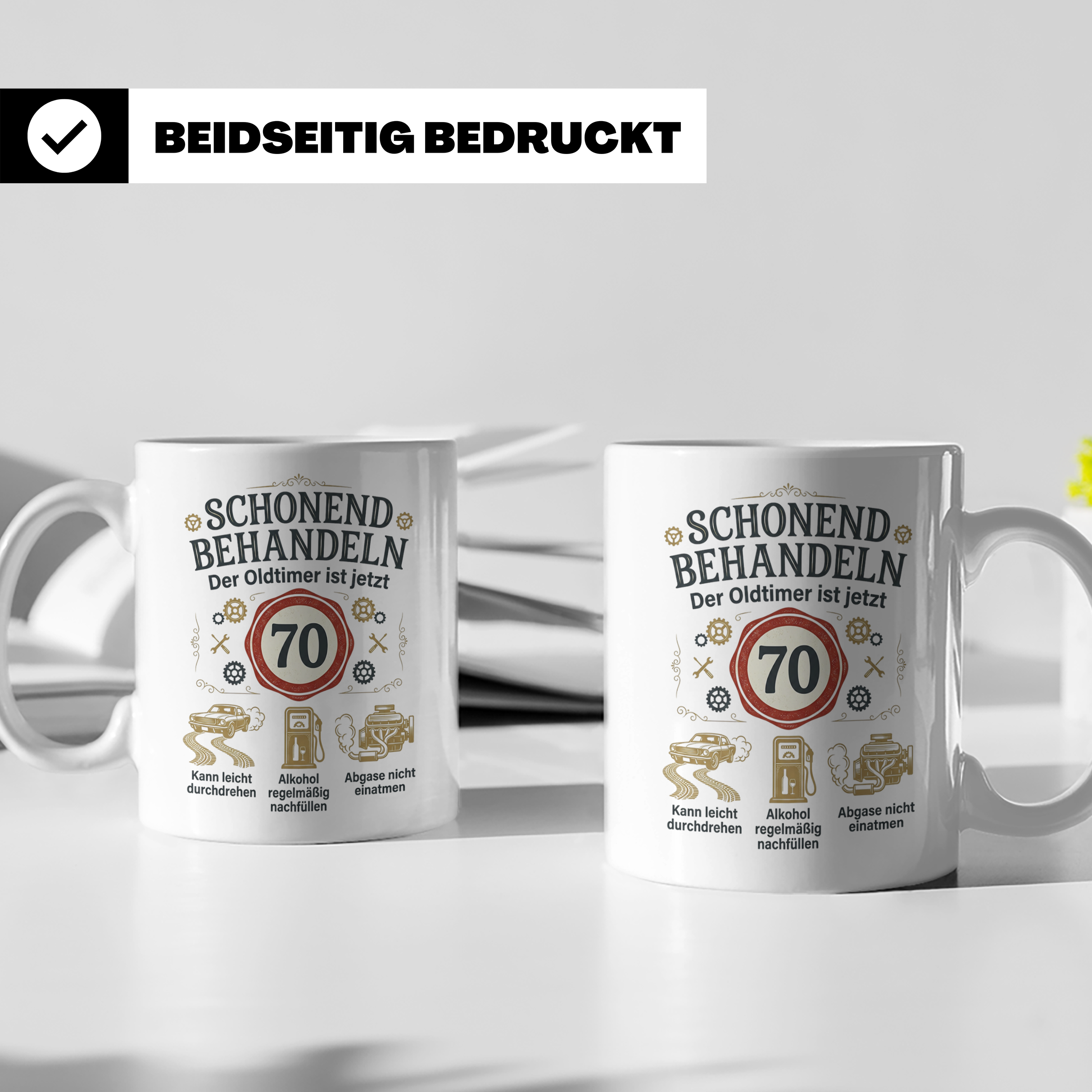 Tasse 70. Geburtstag Mann Oldtimer Motiv Schonend behandeln  – Weiß [farbe:weiß]