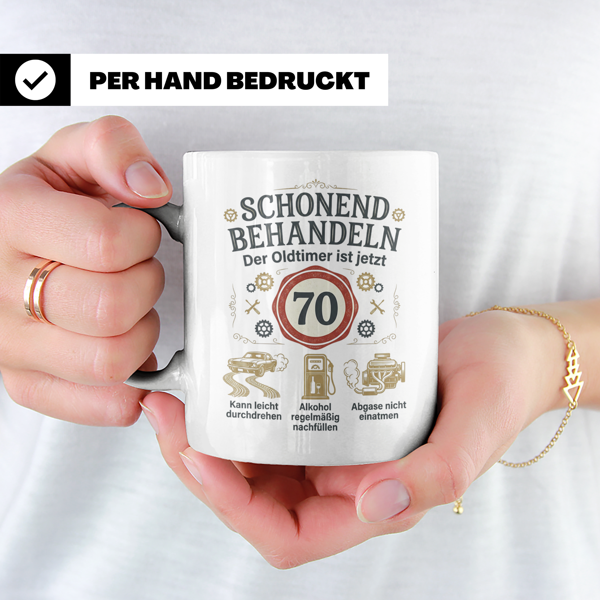 Tasse 70. Geburtstag Mann Oldtimer Motiv Schonend behandeln  – Weiß [farbe:weiß]