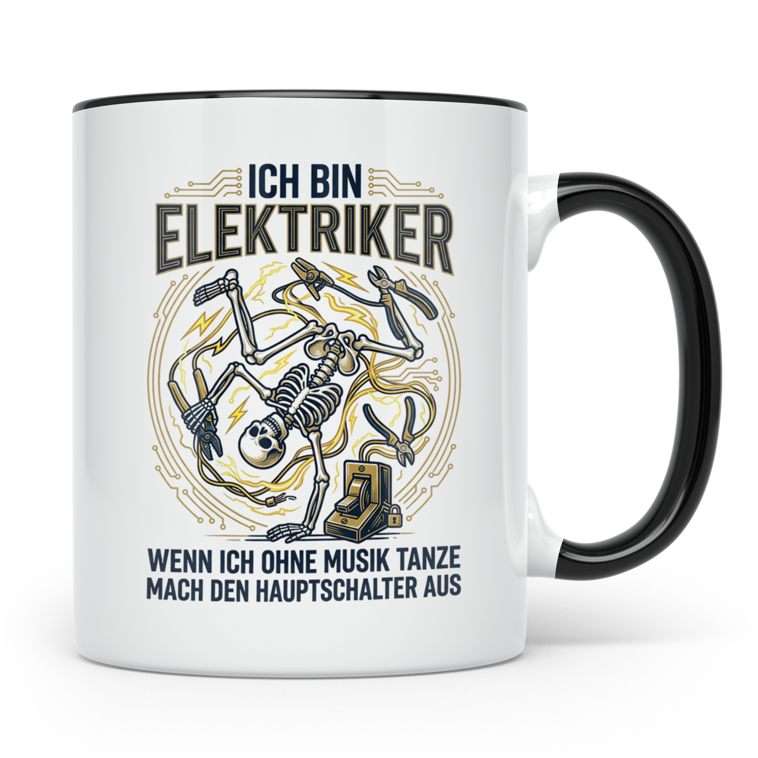 Elektriker Tasse mit lustigem Spruch Stromschlag Skelett, Ka – Schwarz [farbe:schwarz]