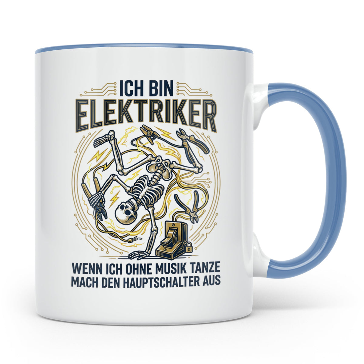 Elektriker Tasse mit lustigem Spruch Stromschlag Skelett, Ka – Blau [farbe:blau]