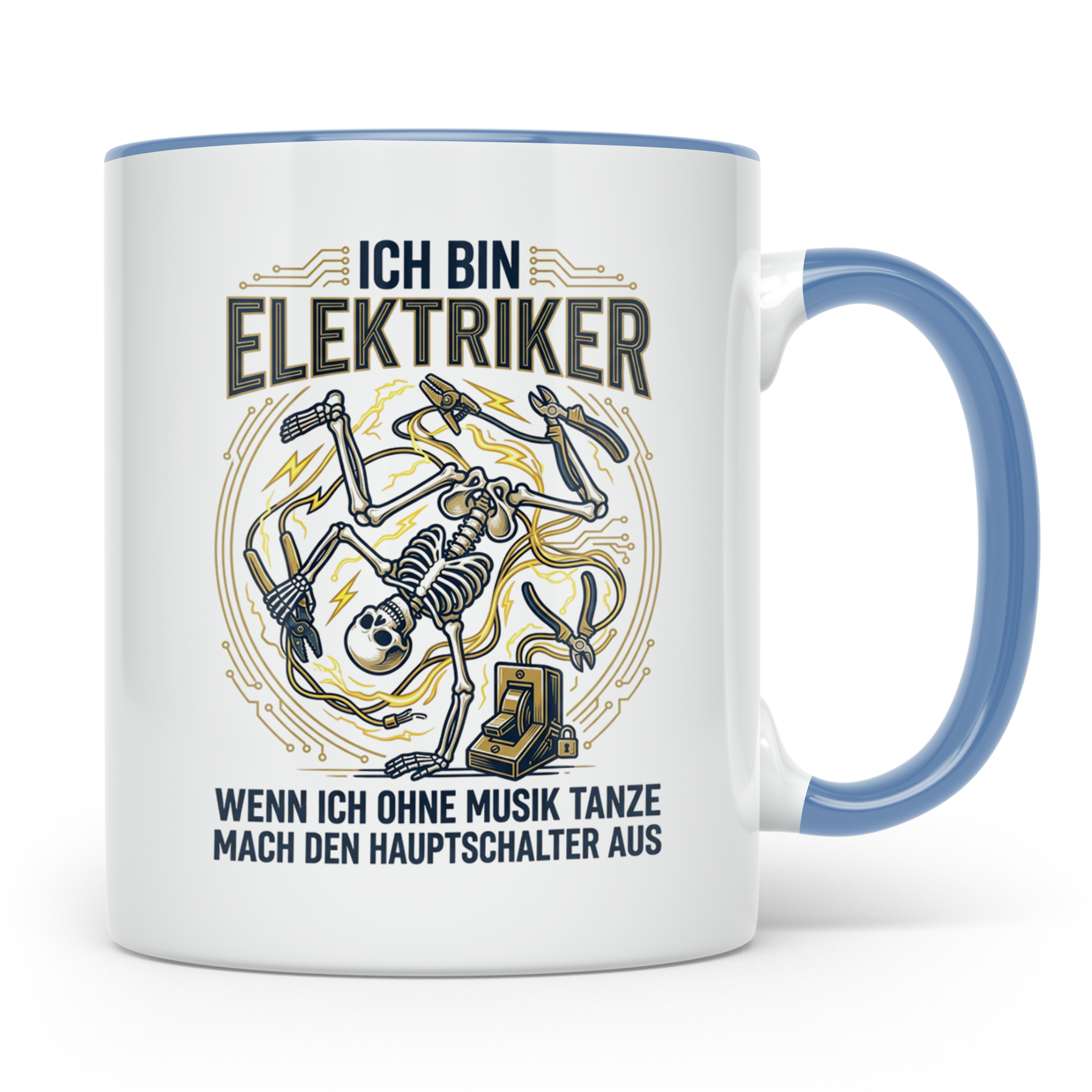 Elektriker Tasse mit lustigem Spruch Stromschlag Skelett, Ka – Blau [farbe:blau]