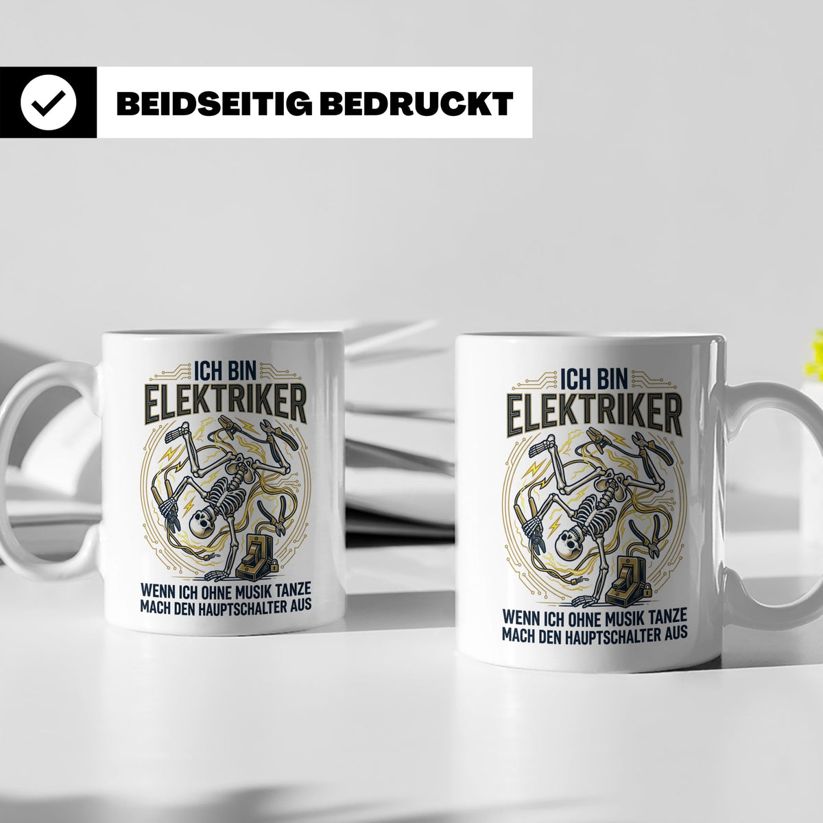 Elektriker Tasse mit lustigem Spruch Stromschlag Skelett, Ka – Weiß [farbe:weiß]