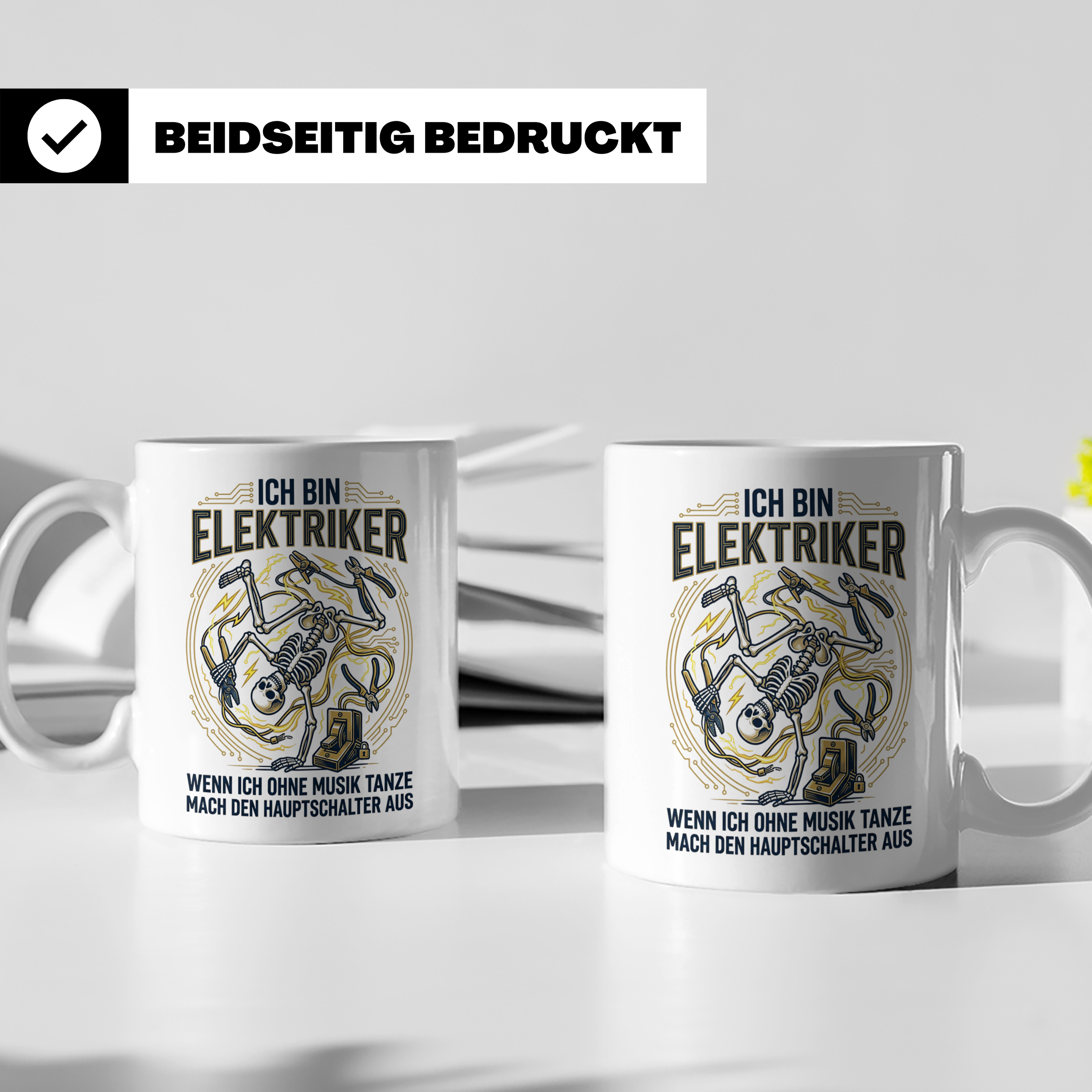 Elektriker Tasse mit lustigem Spruch Stromschlag Skelett, Ka – Weiß [farbe:weiß]