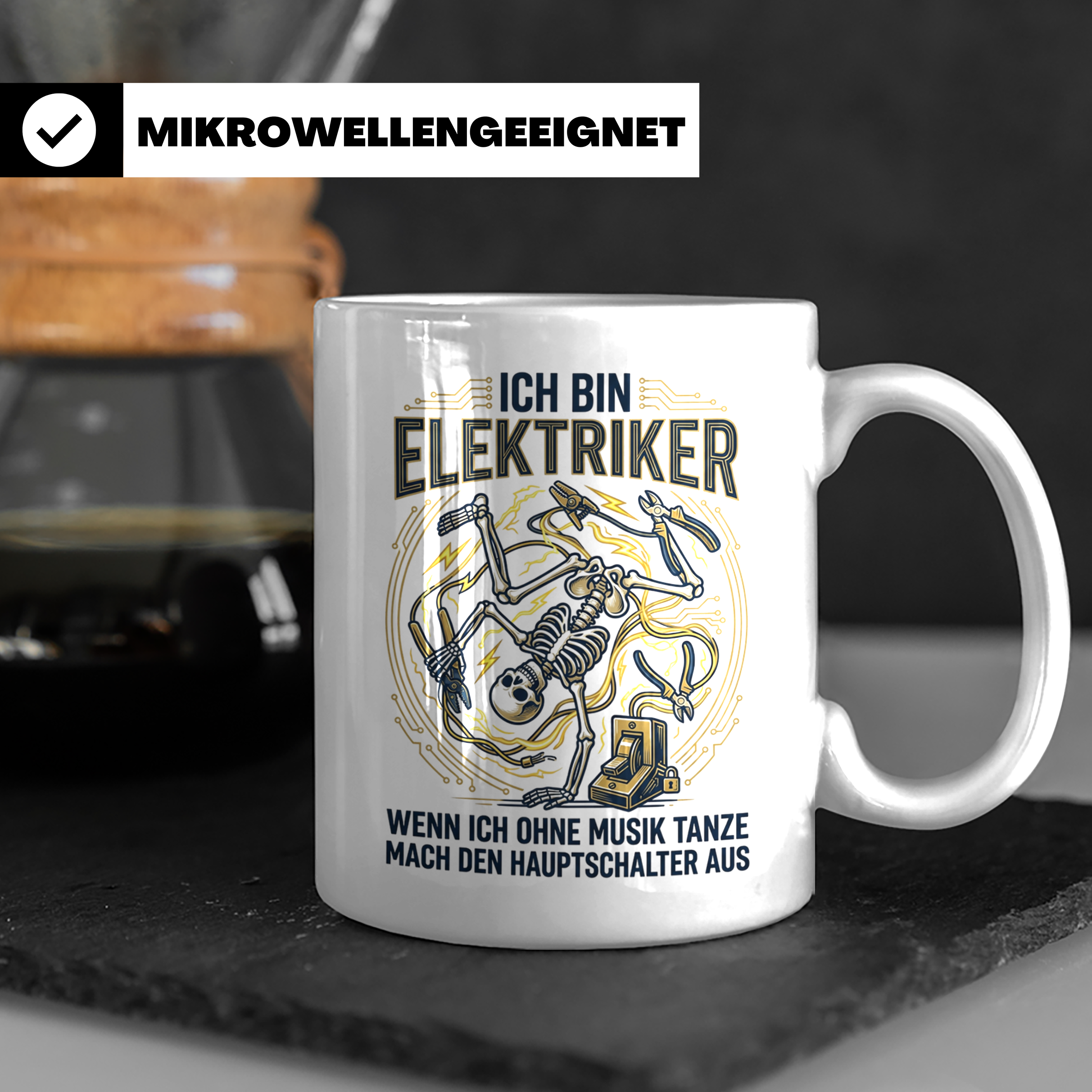 Elektriker Tasse mit lustigem Spruch Stromschlag Skelett, Ka – Weiß [farbe:weiß]