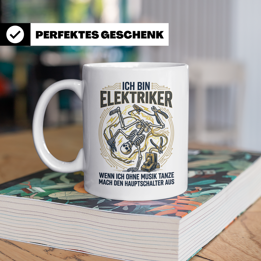 Elektriker Tasse mit lustigem Spruch Stromschlag Skelett, Ka – Weiß [farbe:weiß]