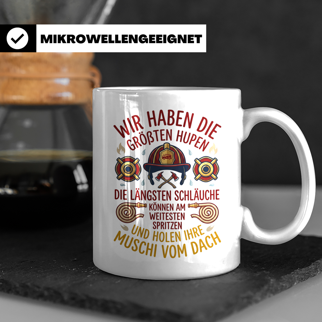 Feuerwehr Tasse mit Spruch größte Hupen längste Schläuche |  – Weiß [farbe:weiß]