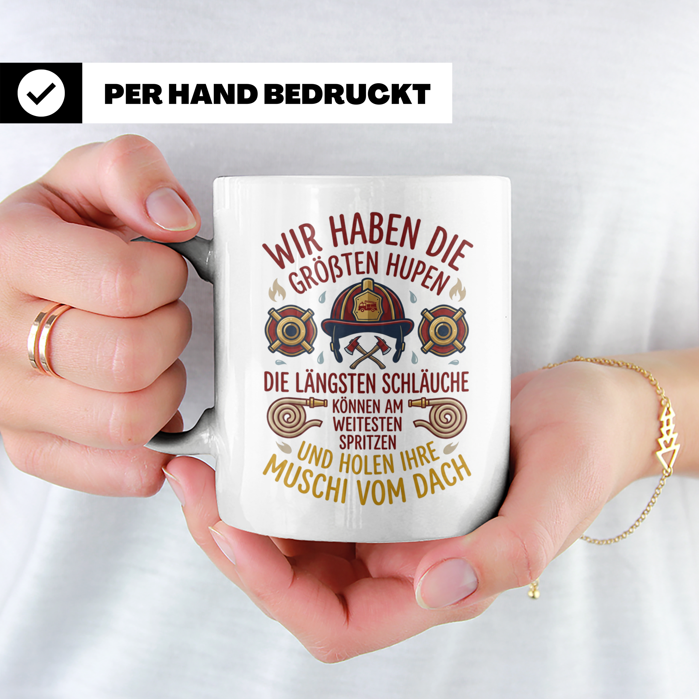 Feuerwehr Tasse mit Spruch größte Hupen längste Schläuche |  – Weiß [farbe:weiß]