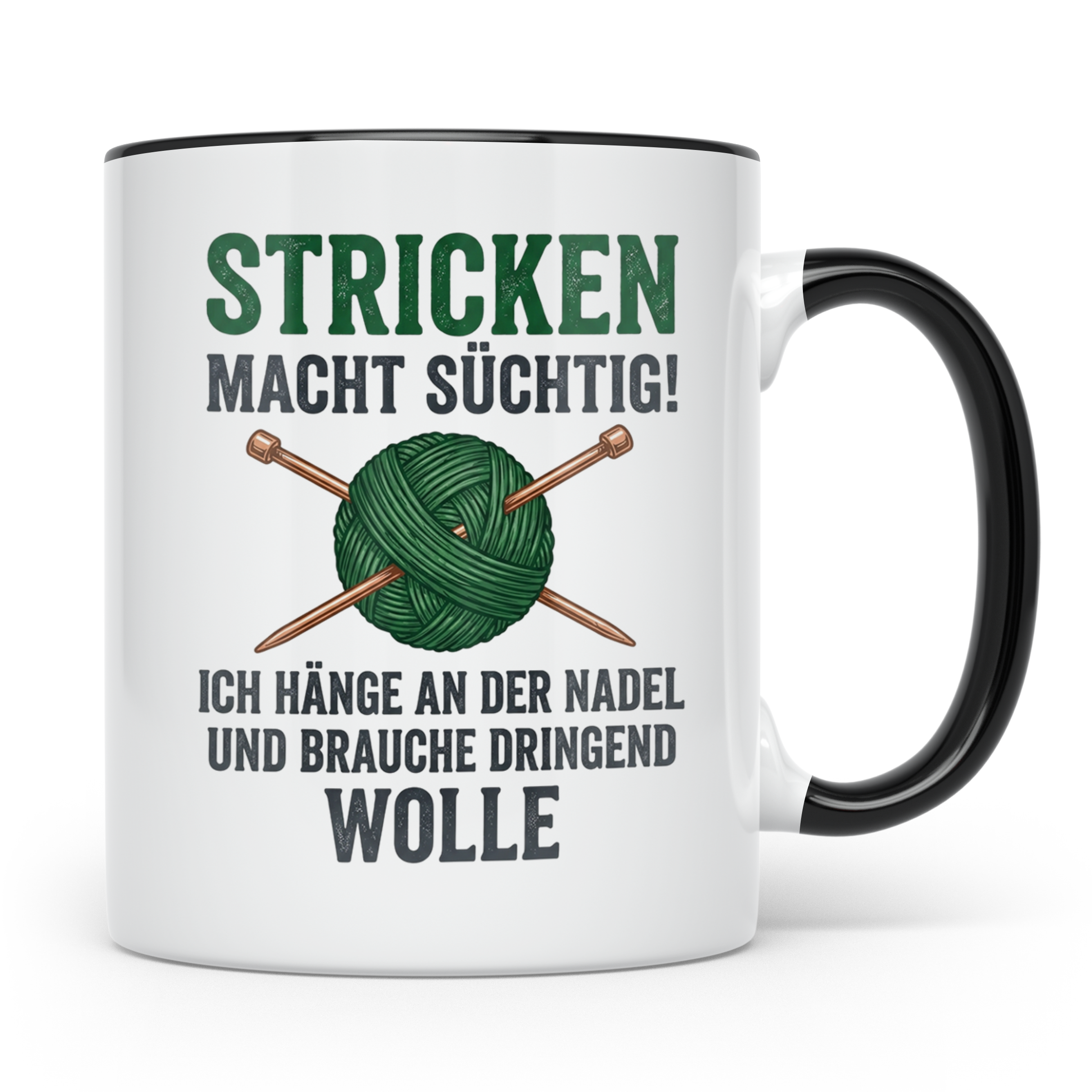 Stricken Tasse mit Spruch | Wolle & Stricknadeln Motiv | Lus – Schwarz [farbe:schwarz]