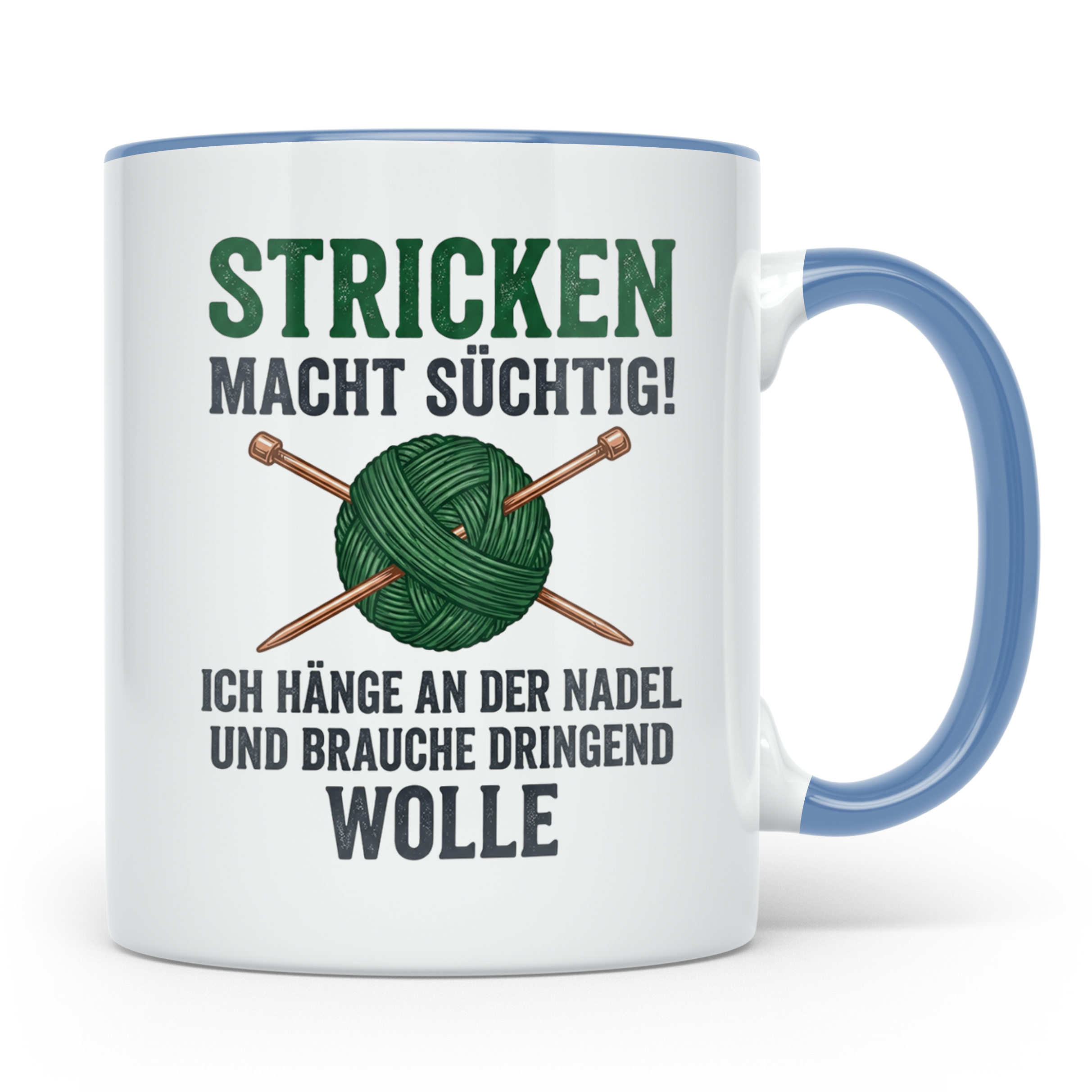 Stricken Tasse mit Spruch | Wolle & Stricknadeln Motiv | Lus – Blau [farbe:blau]