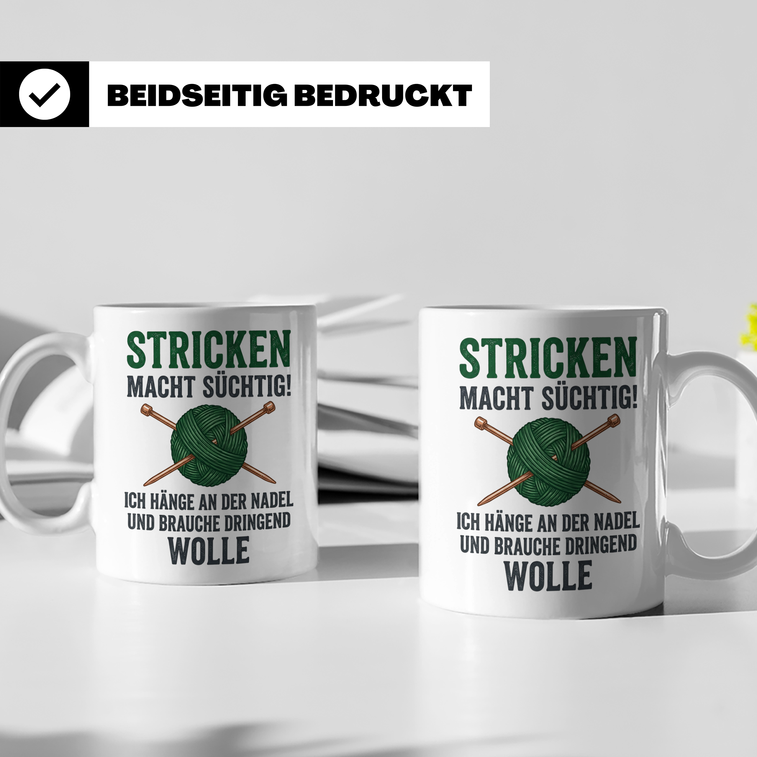 Stricken Tasse mit Spruch | Wolle & Stricknadeln Motiv | Lus – Weiß [farbe:weiß]