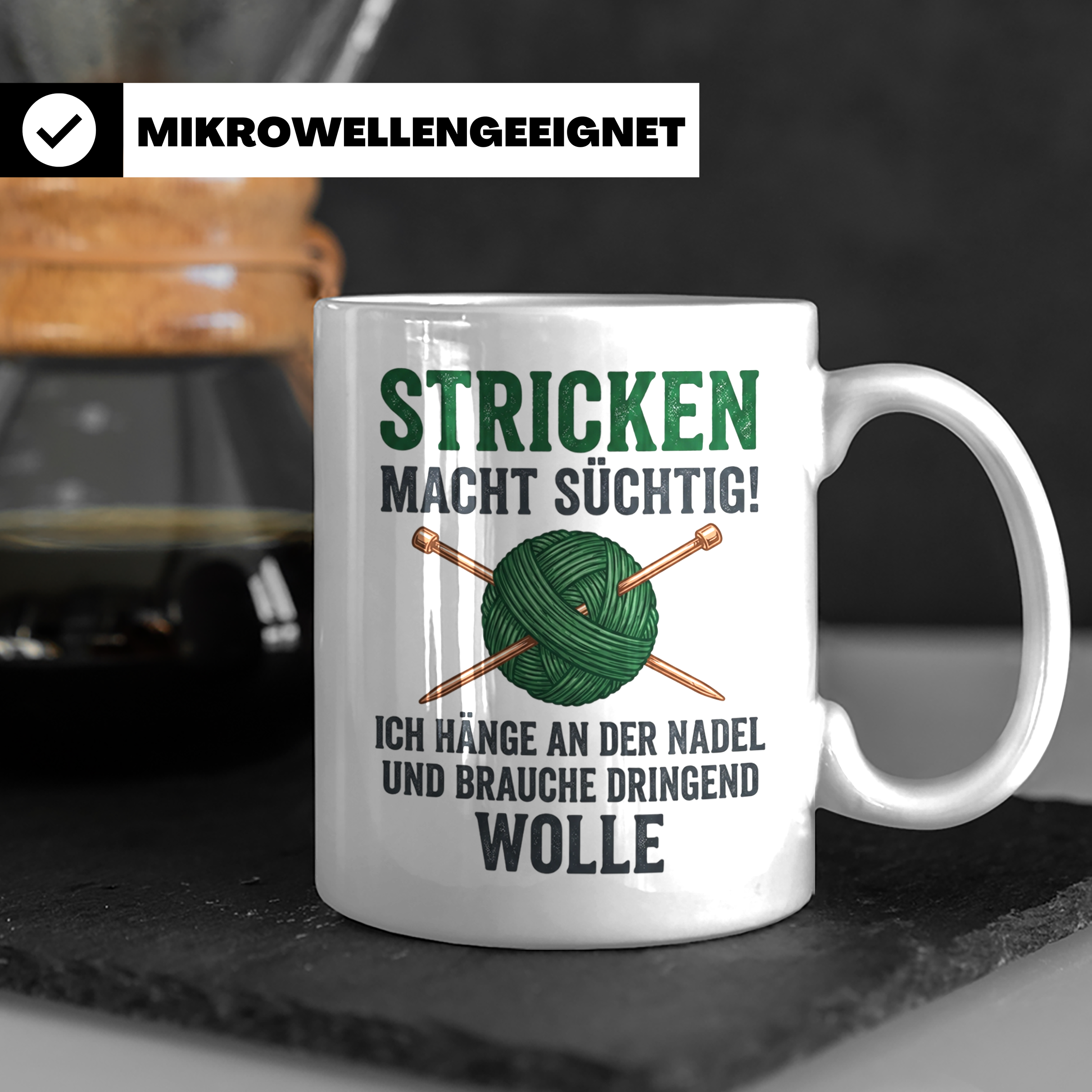 Stricken Tasse mit Spruch | Wolle & Stricknadeln Motiv | Lus – Weiß [farbe:weiß]