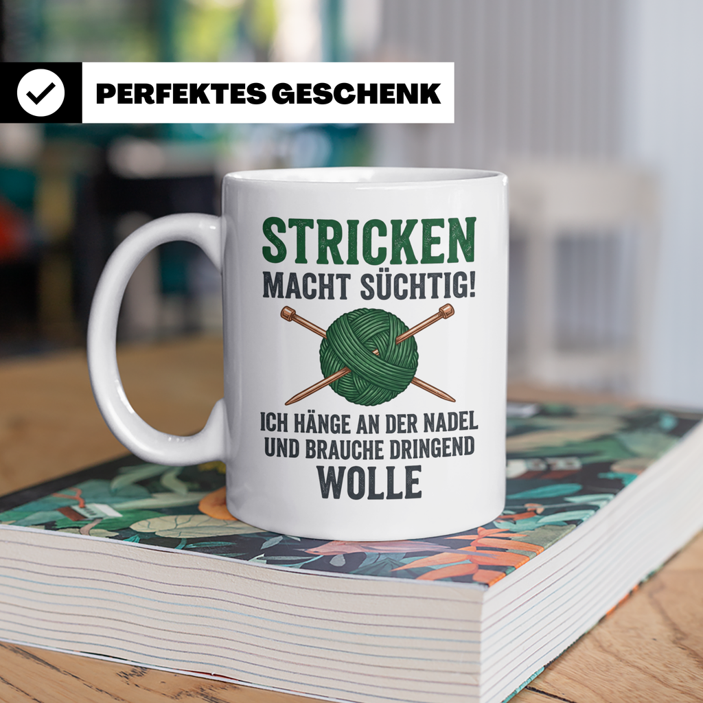 Stricken Tasse mit Spruch | Wolle & Stricknadeln Motiv | Lus – Weiß [farbe:weiß]