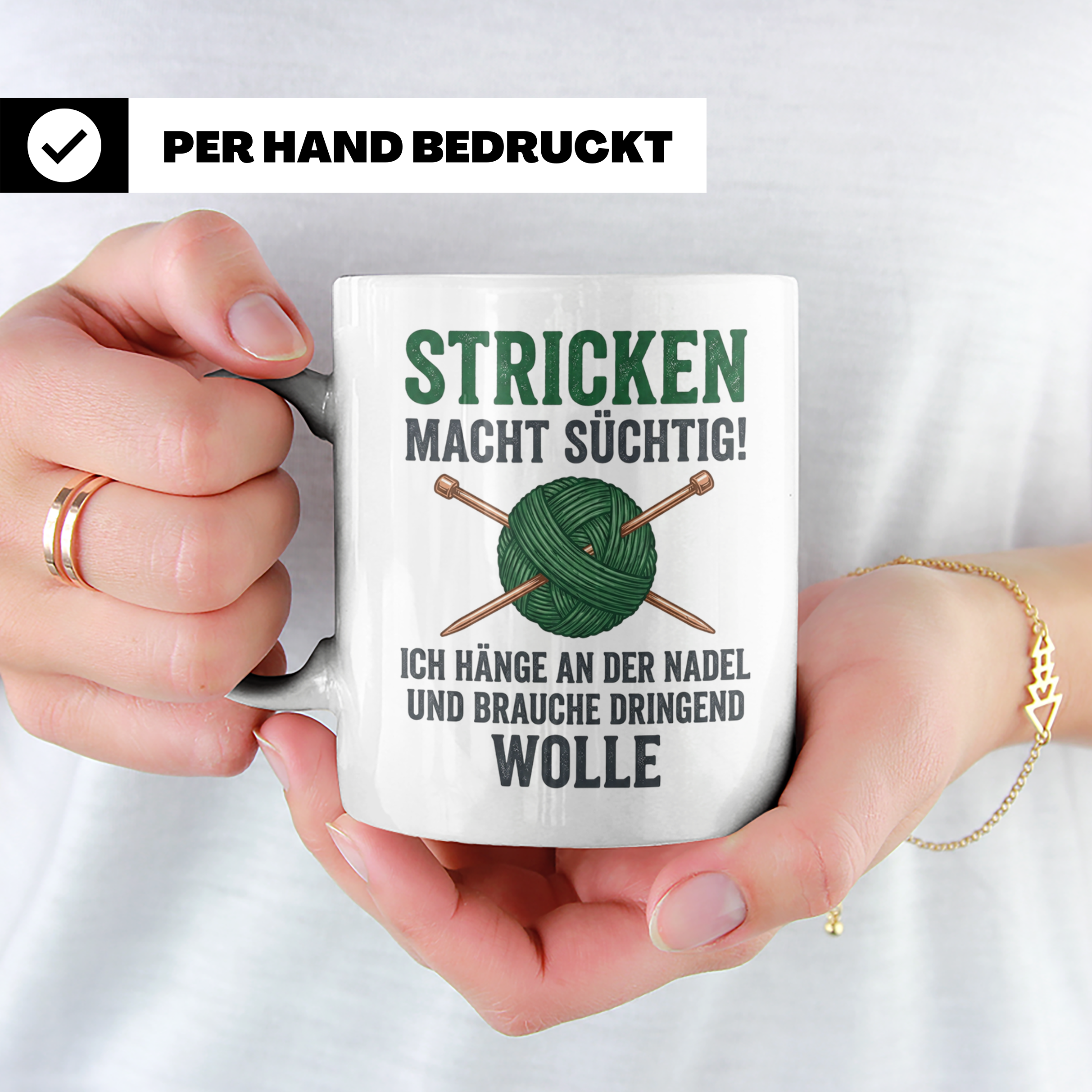 Stricken Tasse mit Spruch | Wolle & Stricknadeln Motiv | Lus – Weiß [farbe:weiß]