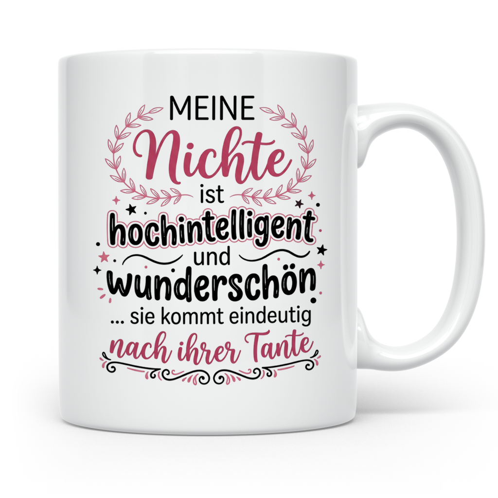 Tante Nichte Tasse mit Spruch Meine Nichte ist hochintellige – Weiß [farbe:weiß]