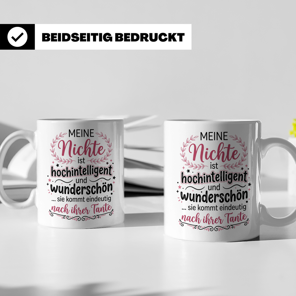 Tante Nichte Tasse mit Spruch Meine Nichte ist hochintellige – Weiß [farbe:weiß]