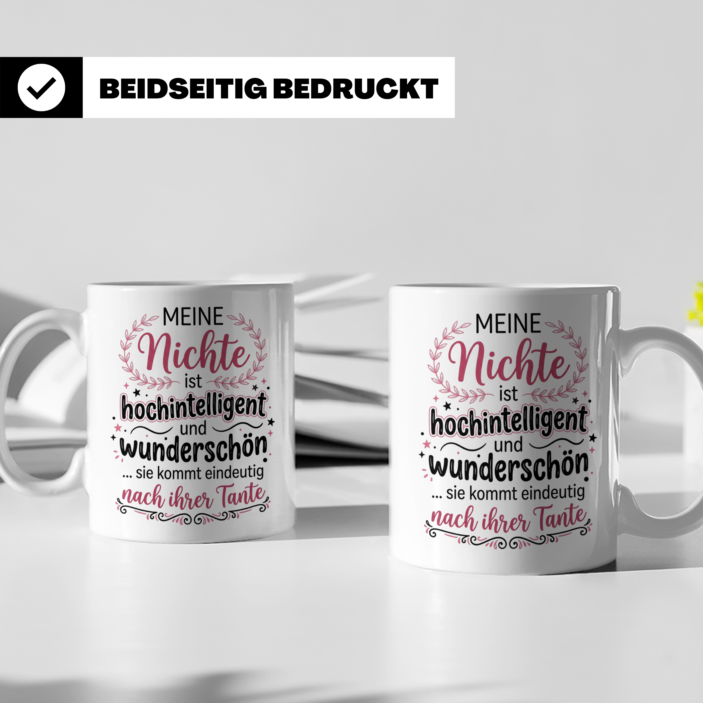 Tante Nichte Tasse mit Spruch Meine Nichte ist hochintellige – Weiß [farbe:weiß]