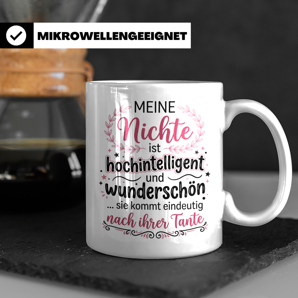 Tante Nichte Tasse mit Spruch Meine Nichte ist hochintellige – Weiß [farbe:weiß]