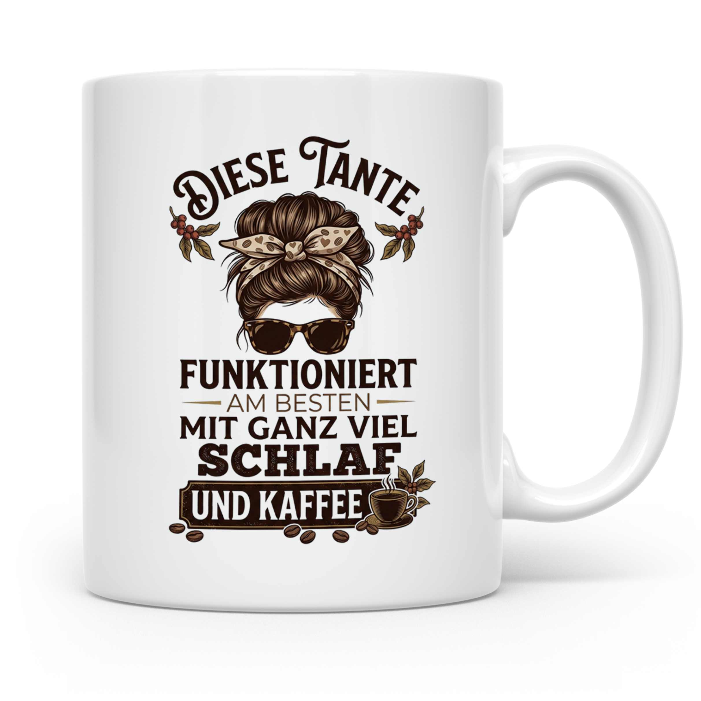 Tante Kaffeetasse mit Spruch 'Funktioniert mit Schlaf & Kaff – Weiß [farbe:weiß]