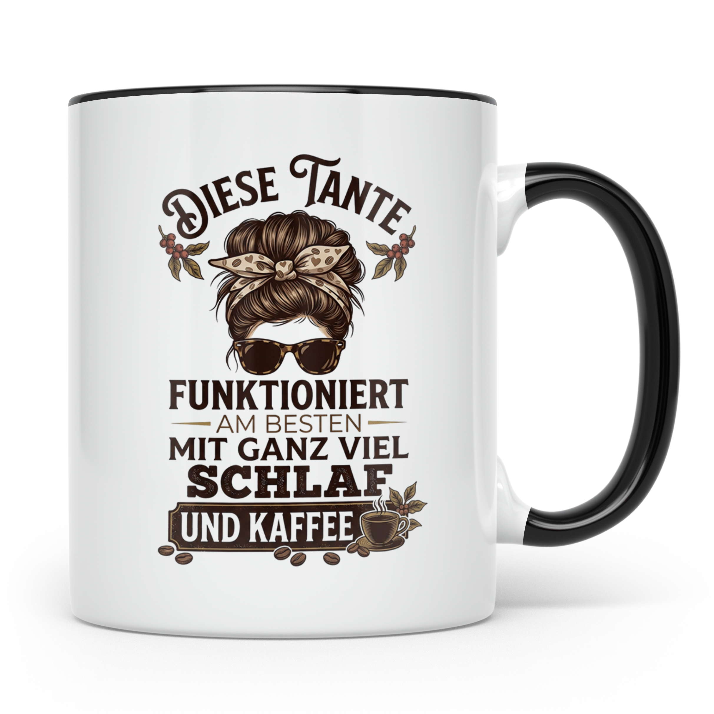 Tante Kaffeetasse mit Spruch 'Funktioniert mit Schlaf & Kaff – Schwarz [farbe:schwarz]