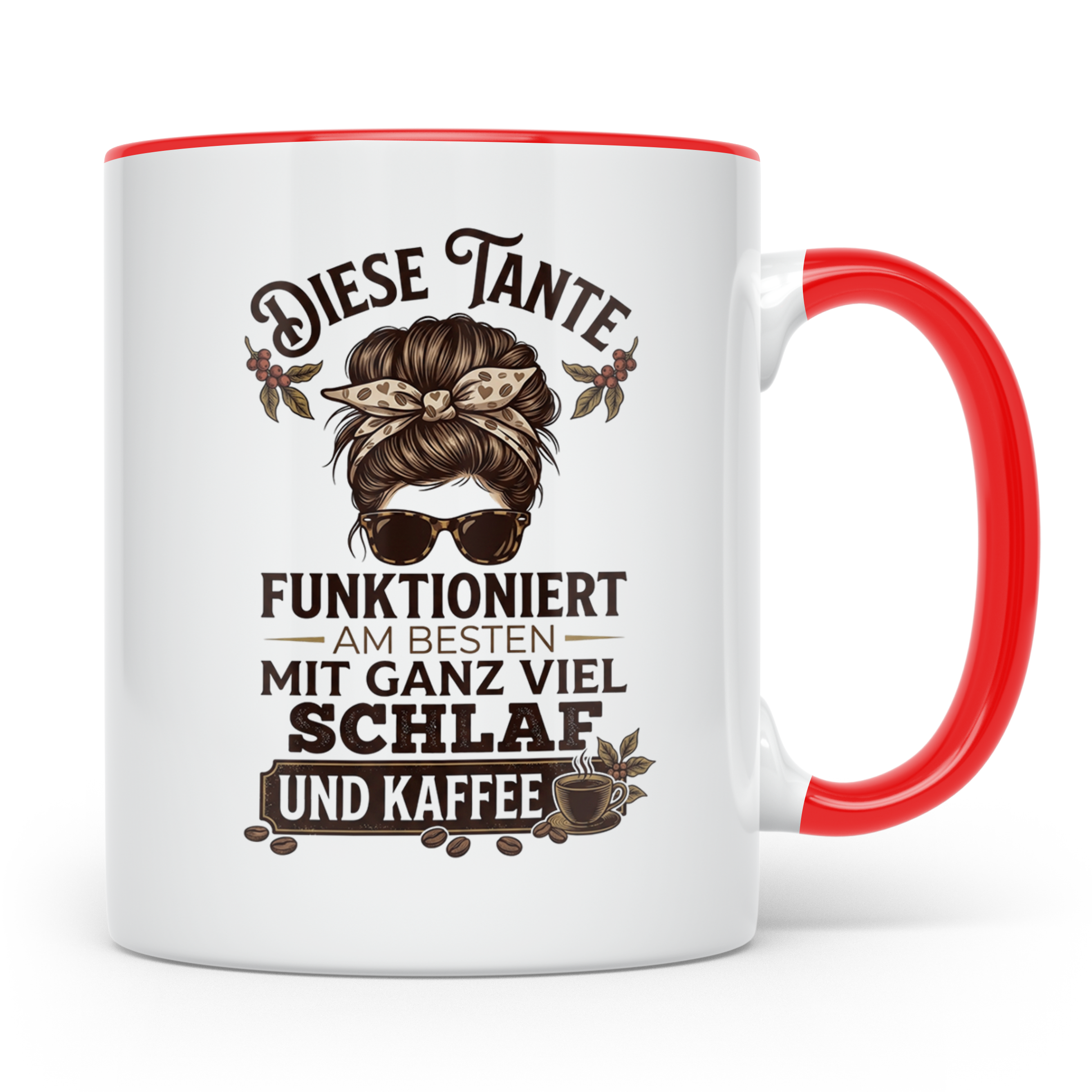 Tante Kaffeetasse mit Spruch 'Funktioniert mit Schlaf & Kaff – Rot [farbe:rot]