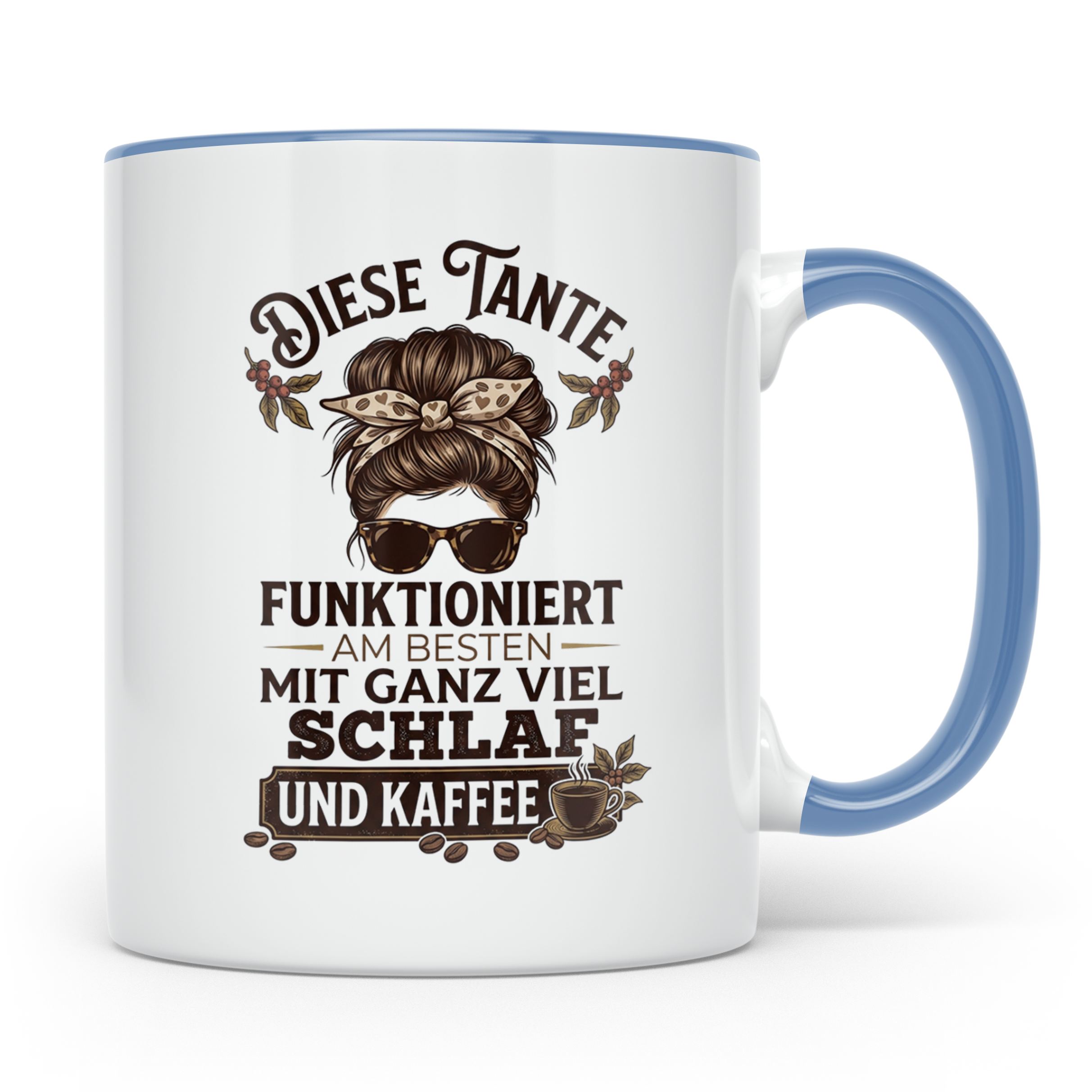 Tante Kaffeetasse mit Spruch 'Funktioniert mit Schlaf & Kaff – Blau [farbe:blau]