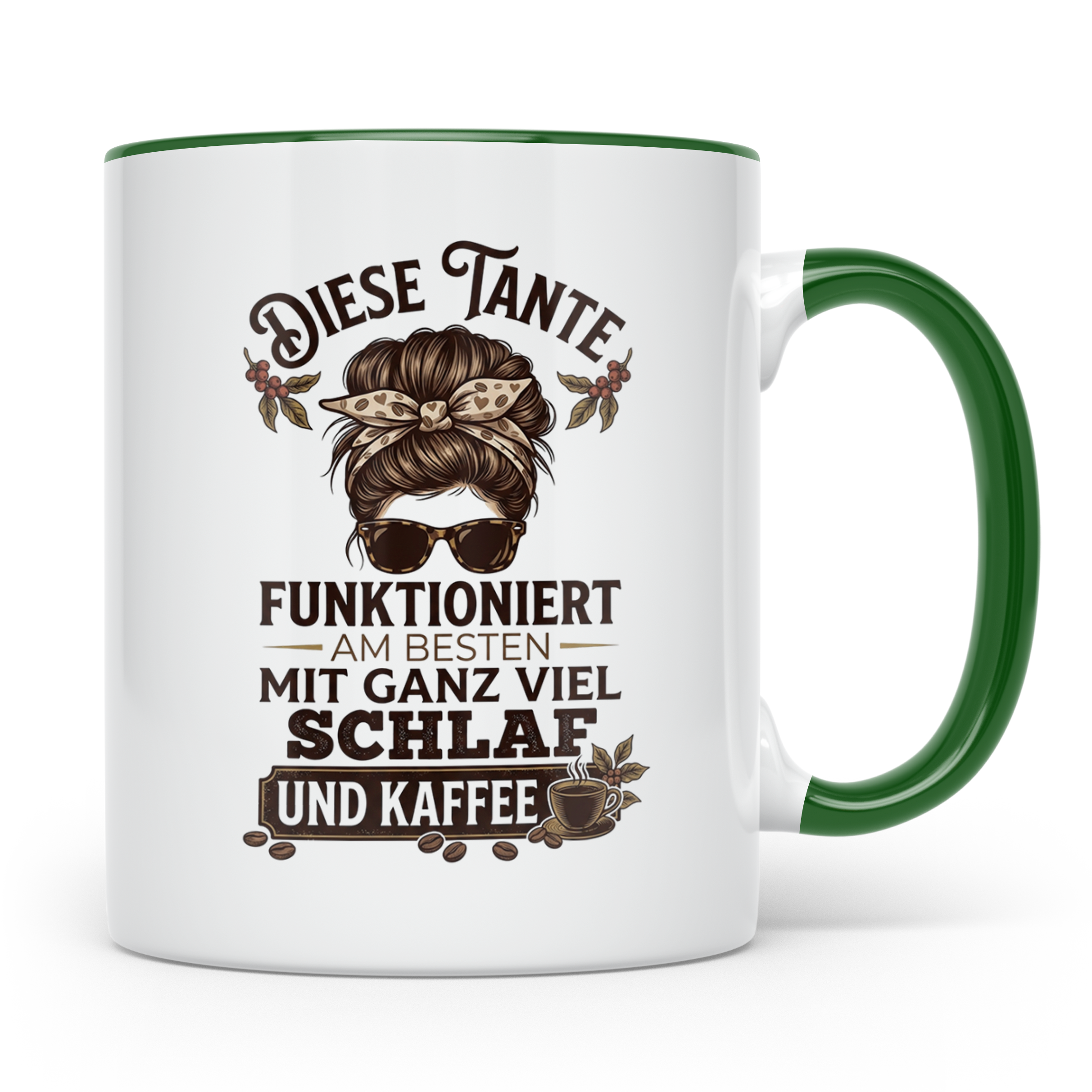 Tante Kaffeetasse mit Spruch 'Funktioniert mit Schlaf & Kaff – Grün [farbe:grün]