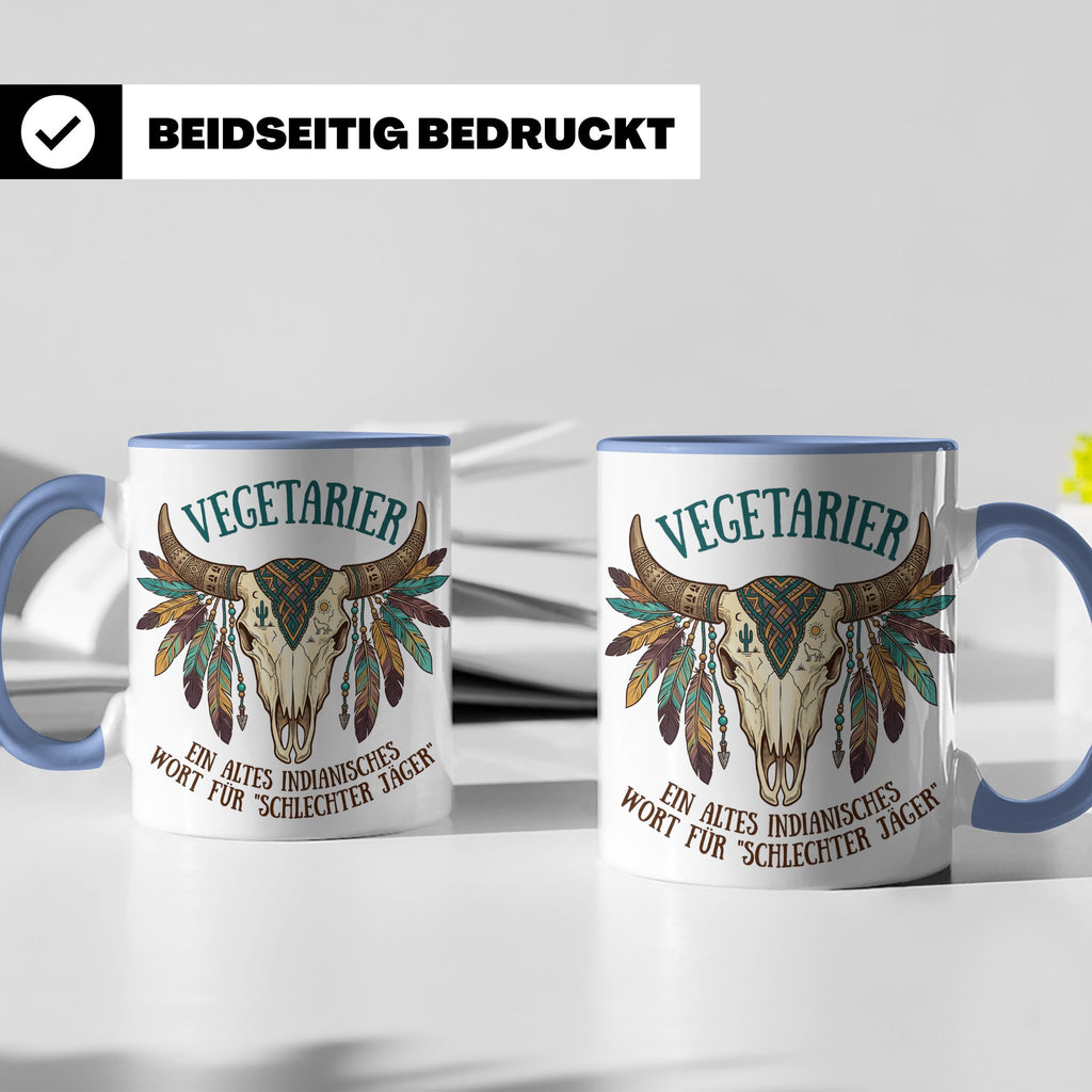 Anti Vegetarier Tasse mit Spruch 'Schlechter Jäger' für Flei – Blau [farbe:blau]