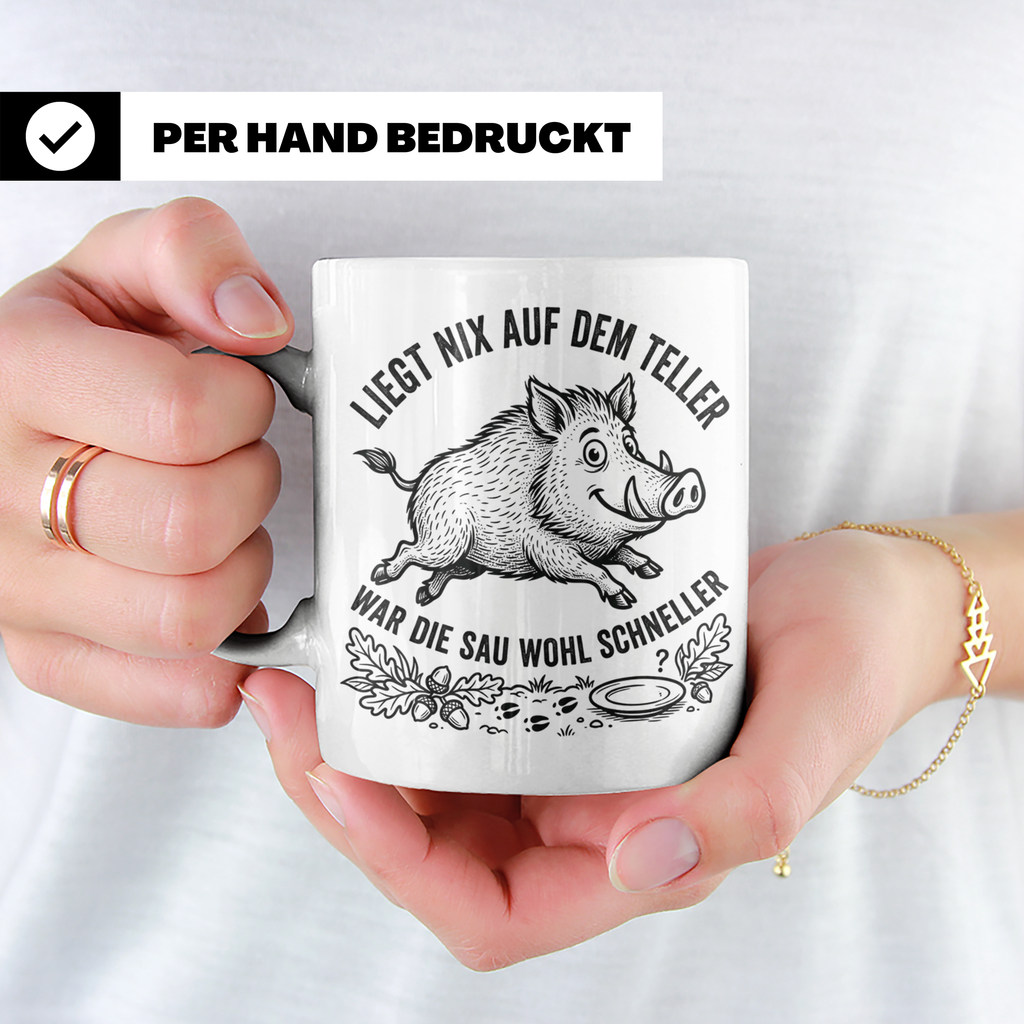 Jäger Tasse Wildschwein Spruch Liegt nix auf dem Teller... G – Weiß [farbe:weiß]