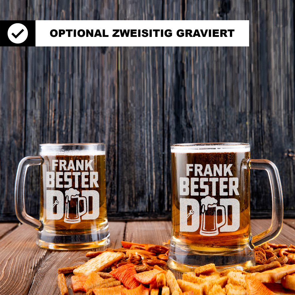 Personalisierter Bierkrug Glas mit Gravur – Bester Dad Motiv, Geschenkidee Vatertag, Geburtstag, Männergeschenk, Papa Geschenk personalisiert